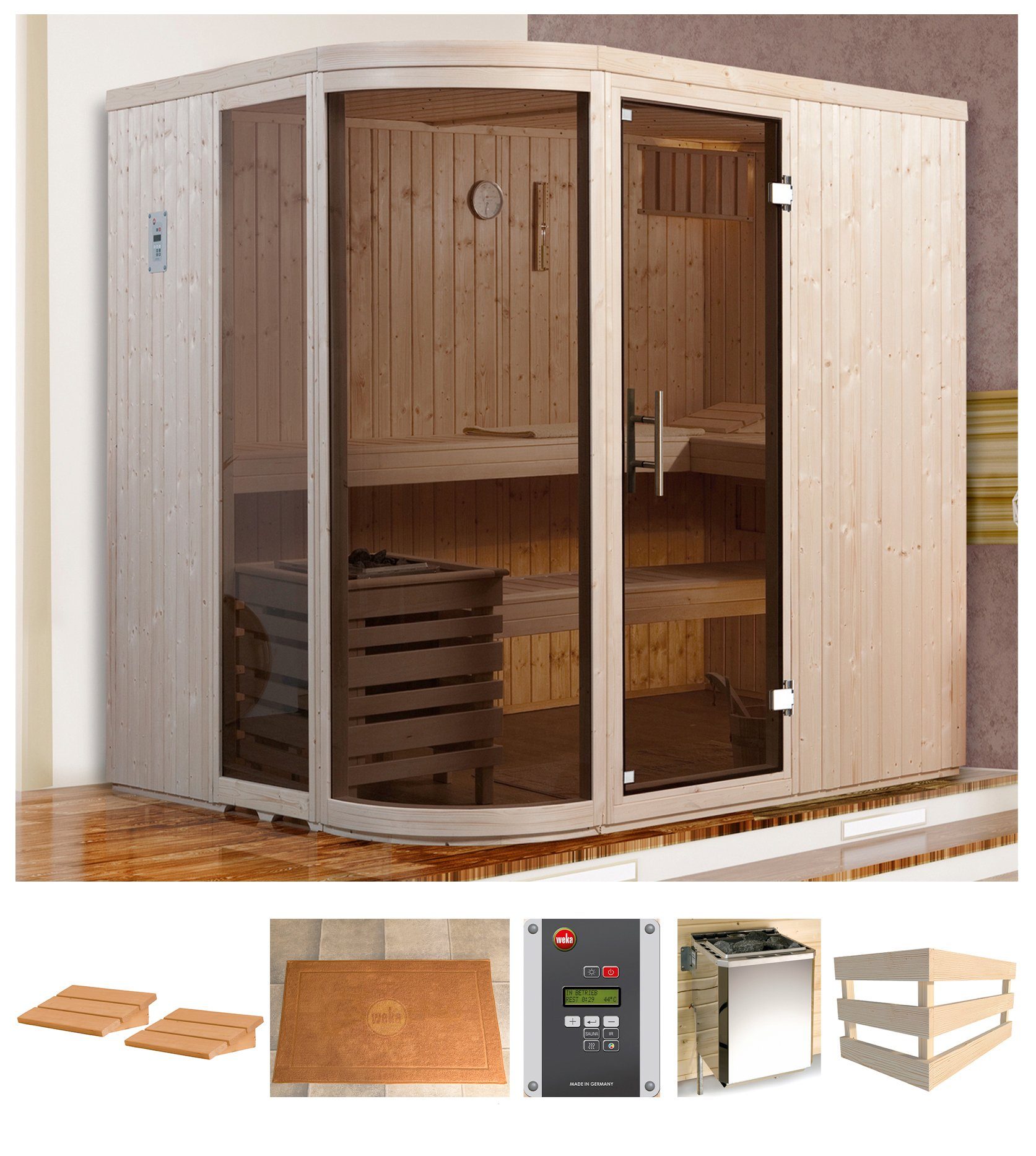 weka Sauna Sara 1, BxTxH: 194 x 194 x 199 cm, 68 mm, 7,5 kW Bio-Kombiofen mit ext. Strg.