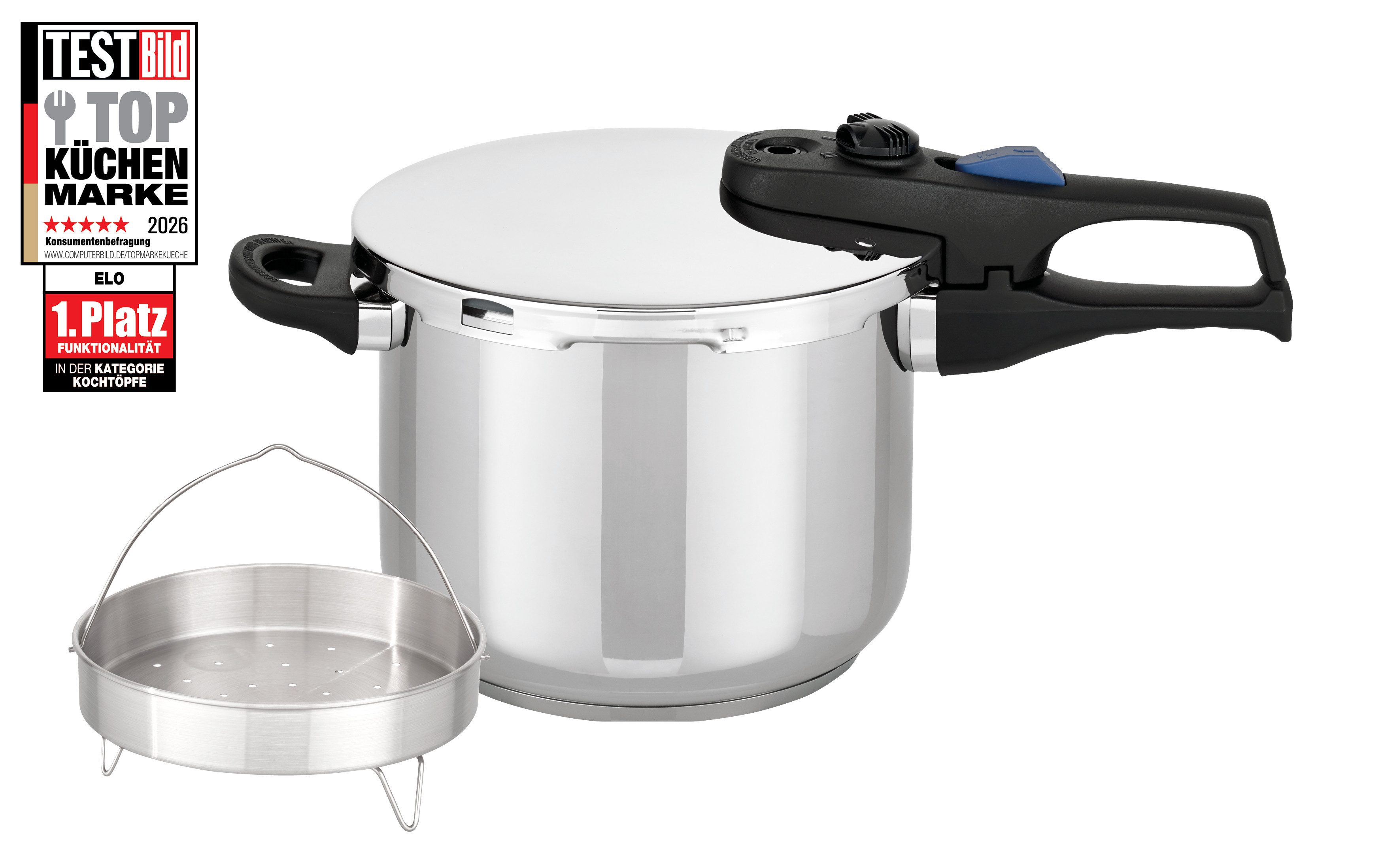 Elo Schnellkochtopf Praktika Plus 6l mit Dünsteinsatz, Edelstahl 18/8, Edelstahl 18/10 (Set, 3-tlg), zylindrische Form mit Spezialabgießrand