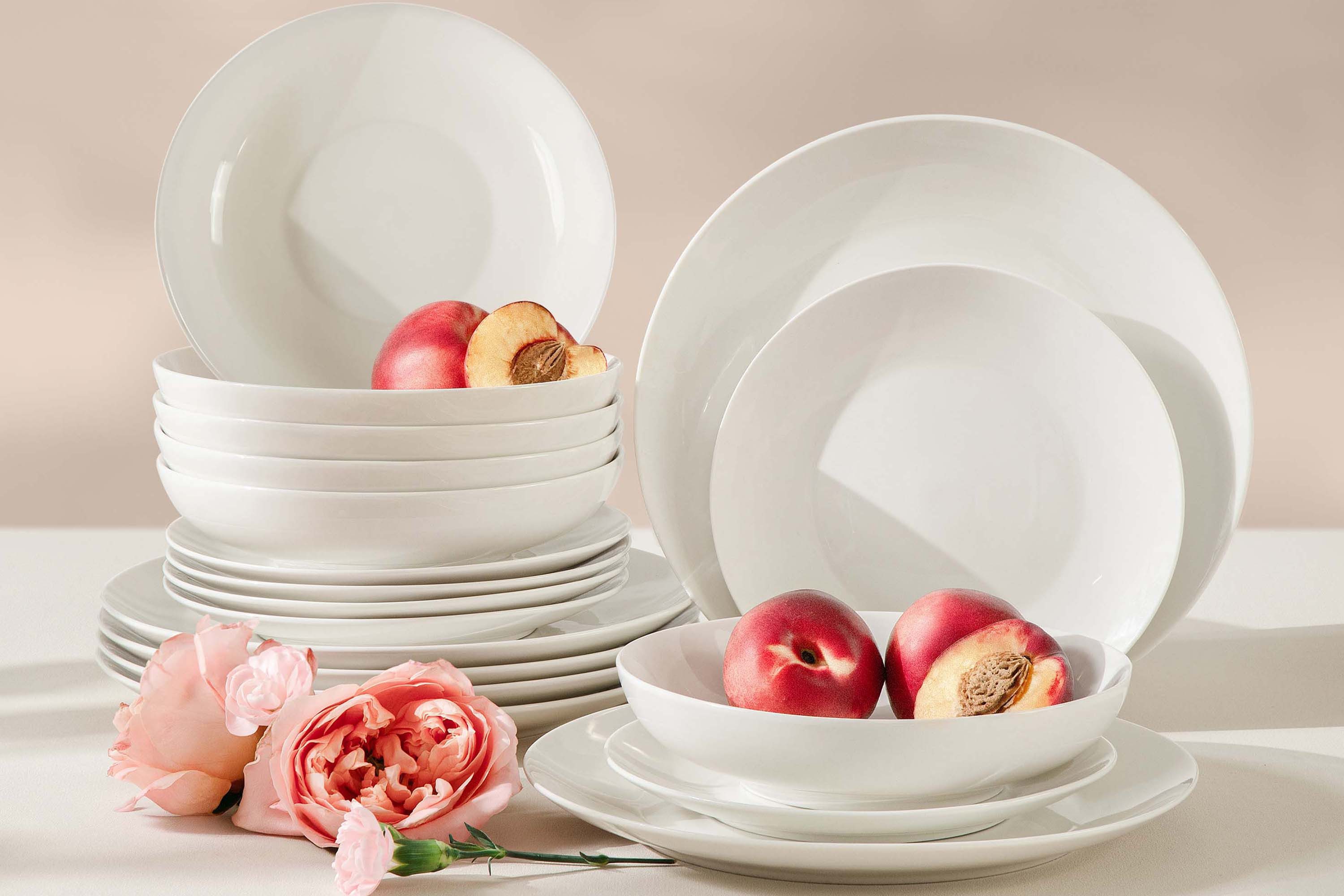KONSIMO® Tafelservice AD BELLA Geschirrset, Hartporzellan, ecrufarben (18-tlg), 6 Personen, Porzellan, spülmaschinengeeignet, mikrowellengeeignet, zeitloses Design