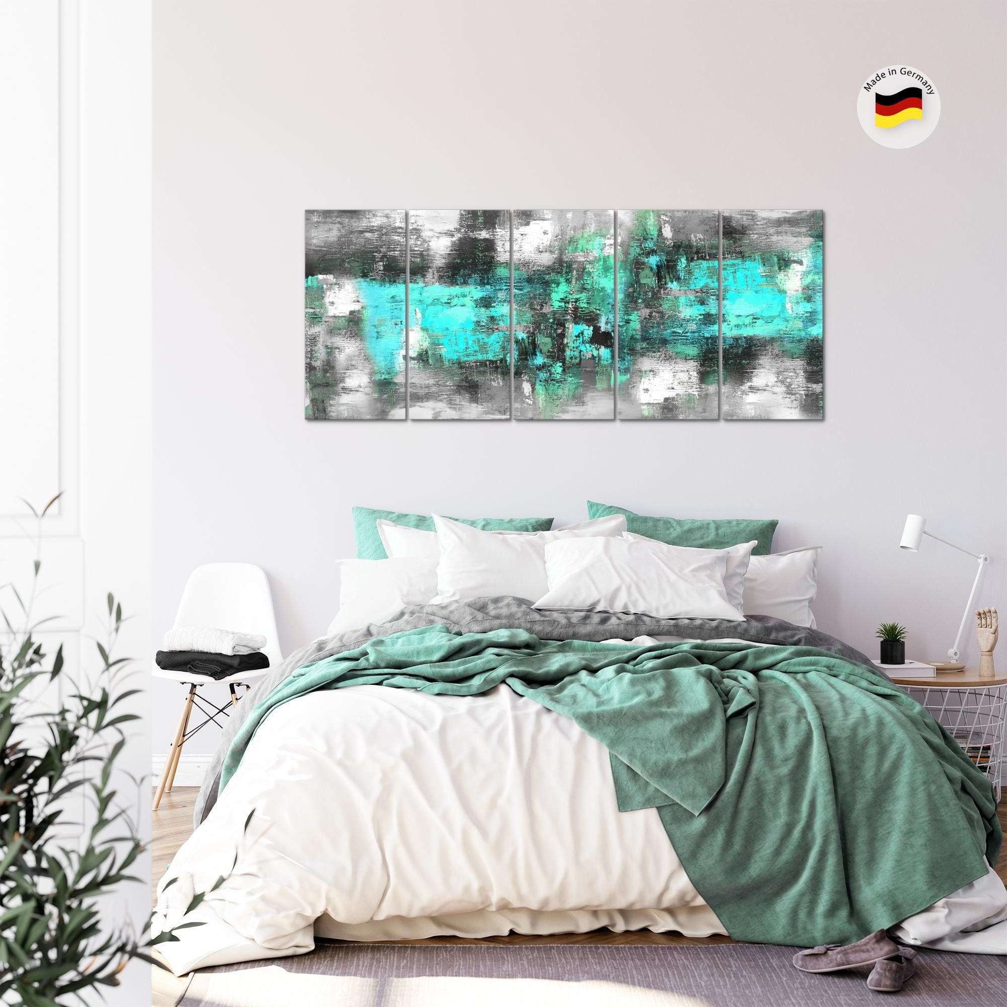 Runa Art Wandbild Abstrakt Schlafzimmer Türkis Grau 5 Teilig Made in Germany 033855b, 200L x 80B cm