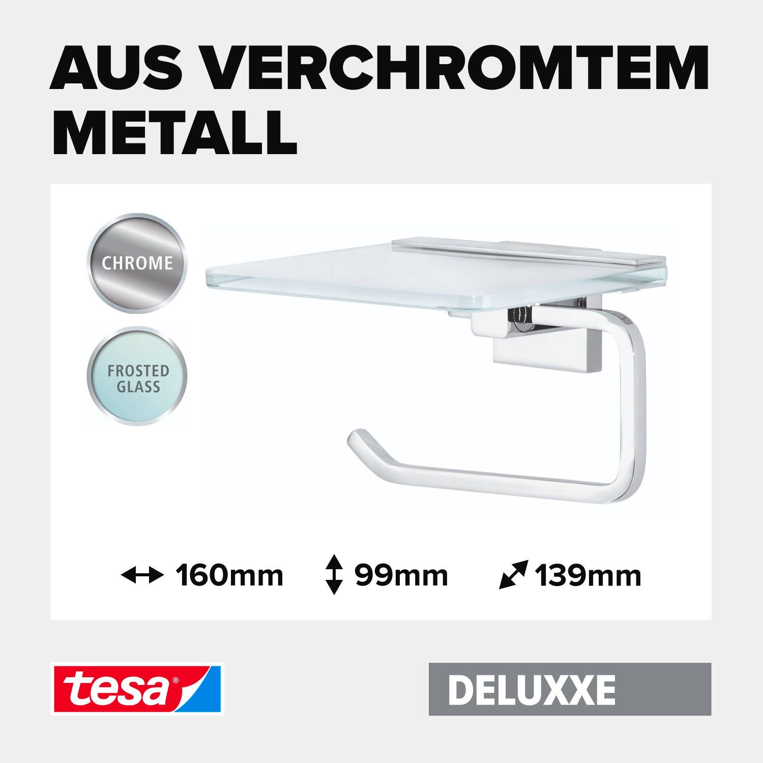 tesa Toilettenpapierhalter DELUXXE WC-Rollenhalter ohne Bohren - 10,1 cm : 16,0 cm : 13,9 cm (Packung, 1-St., inkl. Klebelösung), selbstklebender WC-Rollenhalter - chrom - silber glänzend