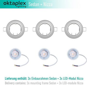 Oktaplex lighting LED Einbaustrahler 3 Stück LED Deckenstrahler flach inkl. LED Module 4,8W 380 Lumen, sehr flach, Leuchtmittel wechselbar, warmweiß, 2700 Kelvin 230V chromfarben