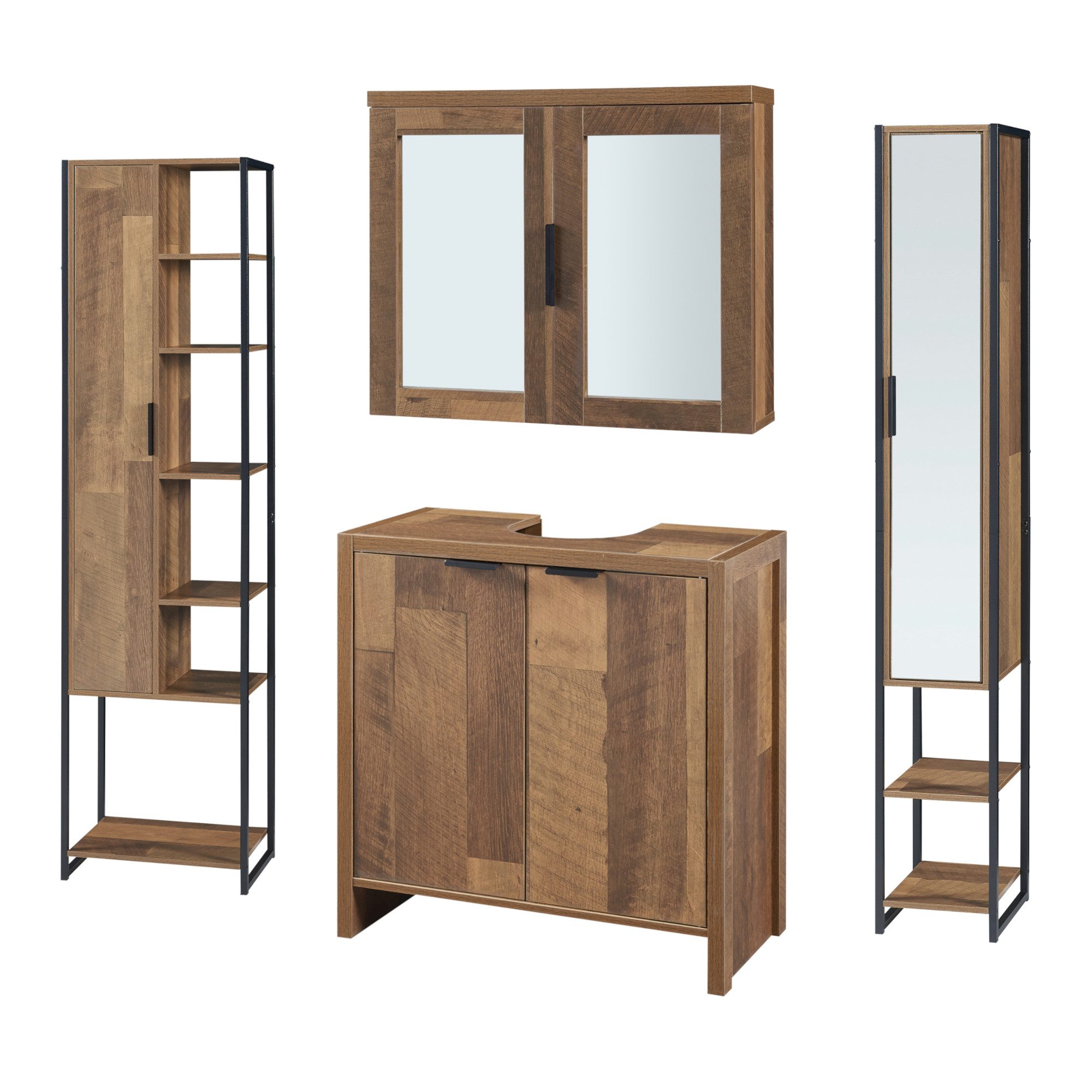 en.casa Badmöbel-Set, (Set, 4-St., 1x Waschbeckenunterschank, 1x Spiegelschrank, 2x Hochschrank), »Namsskogan« Walnussoptik