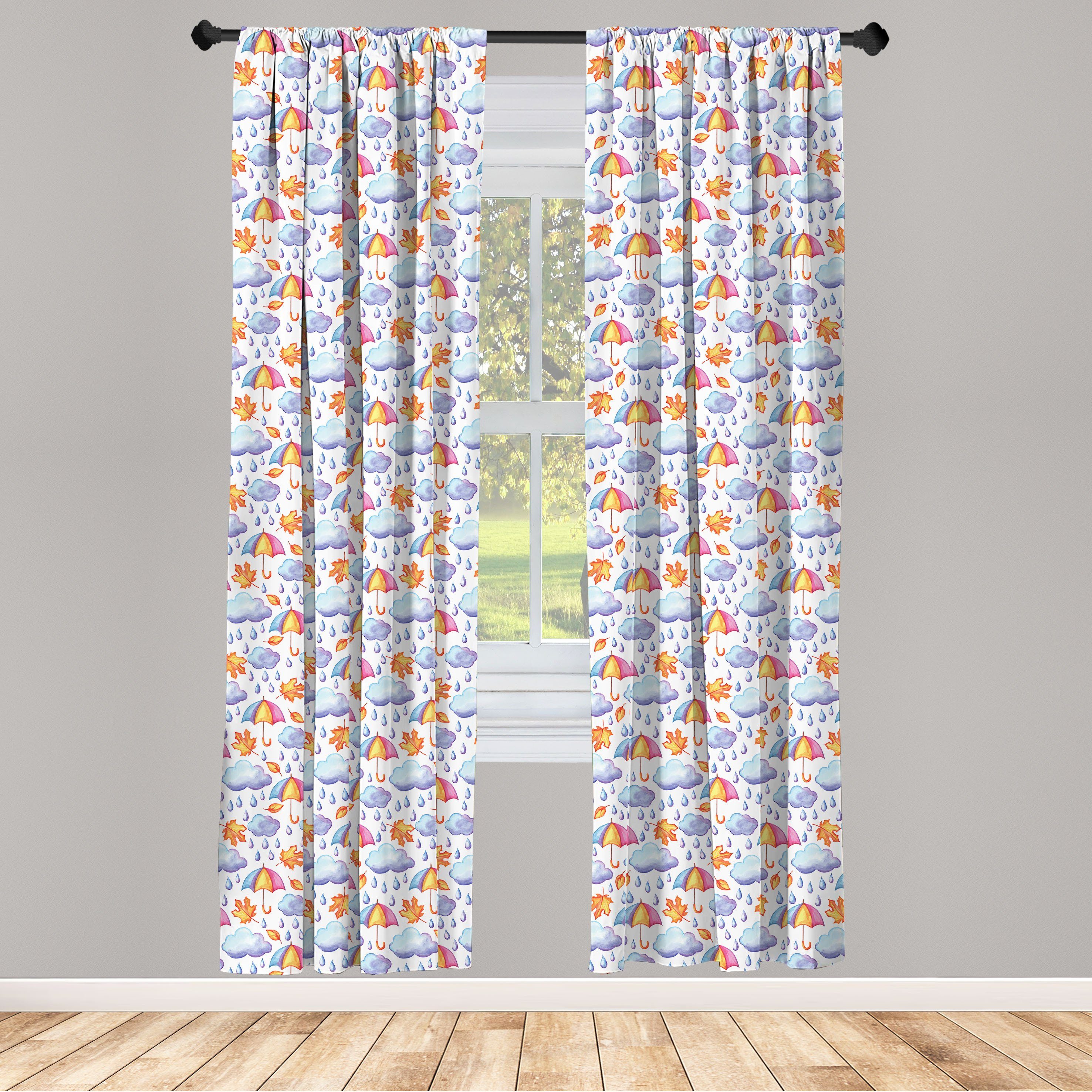 Gardine Vorhang für Wohnzimmer Schlafzimmer Dekor, Abakuhaus, Microfaser, Herbst Aquarell-Regen-Regenschirm
