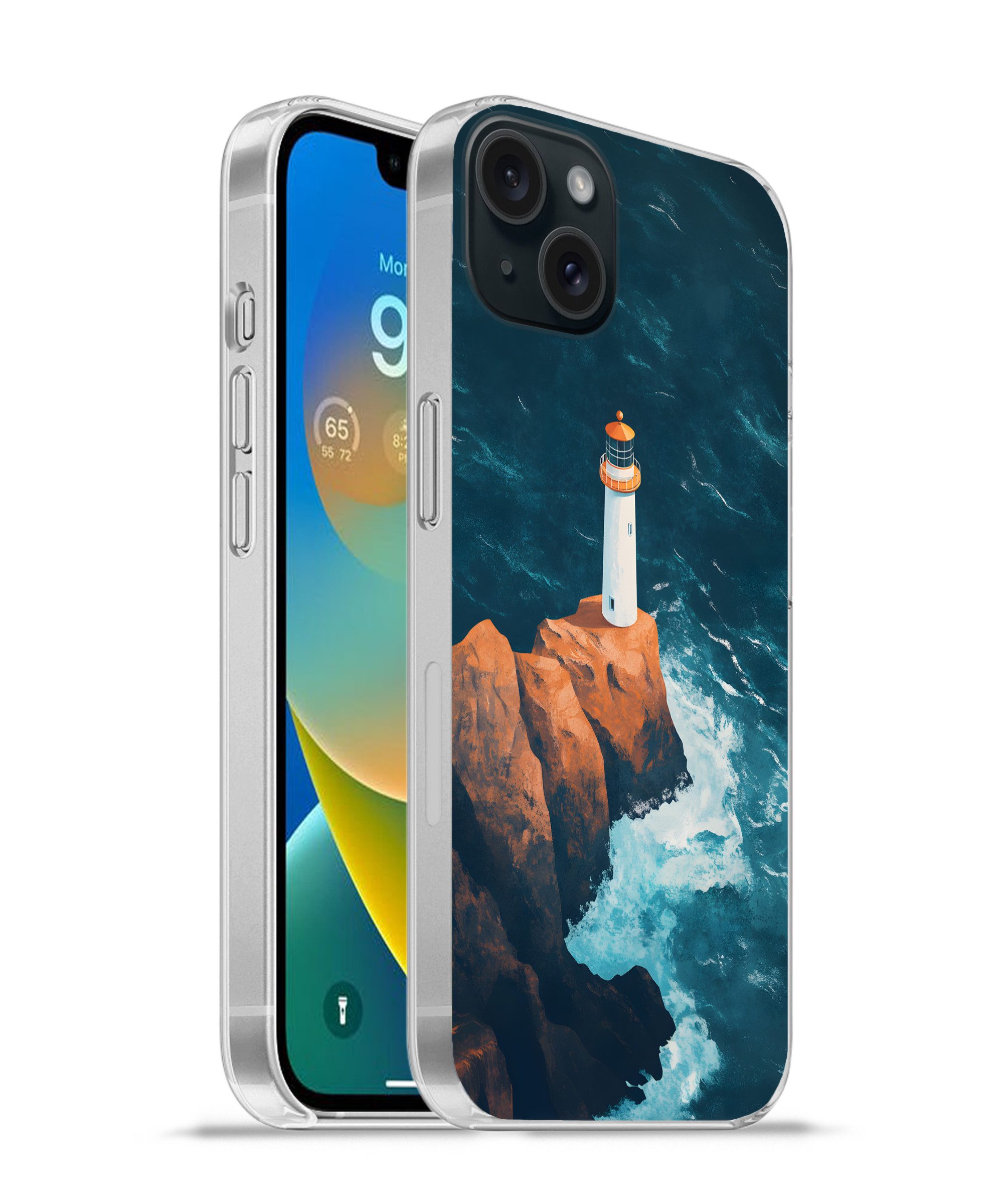 MuchoWow Handyhülle für Apple iPhone 15 Plus Leuchtturm - Felsen - Meer - Wellen, Smartphone-Bumper, Print, Handy Schutzhülle Dünn