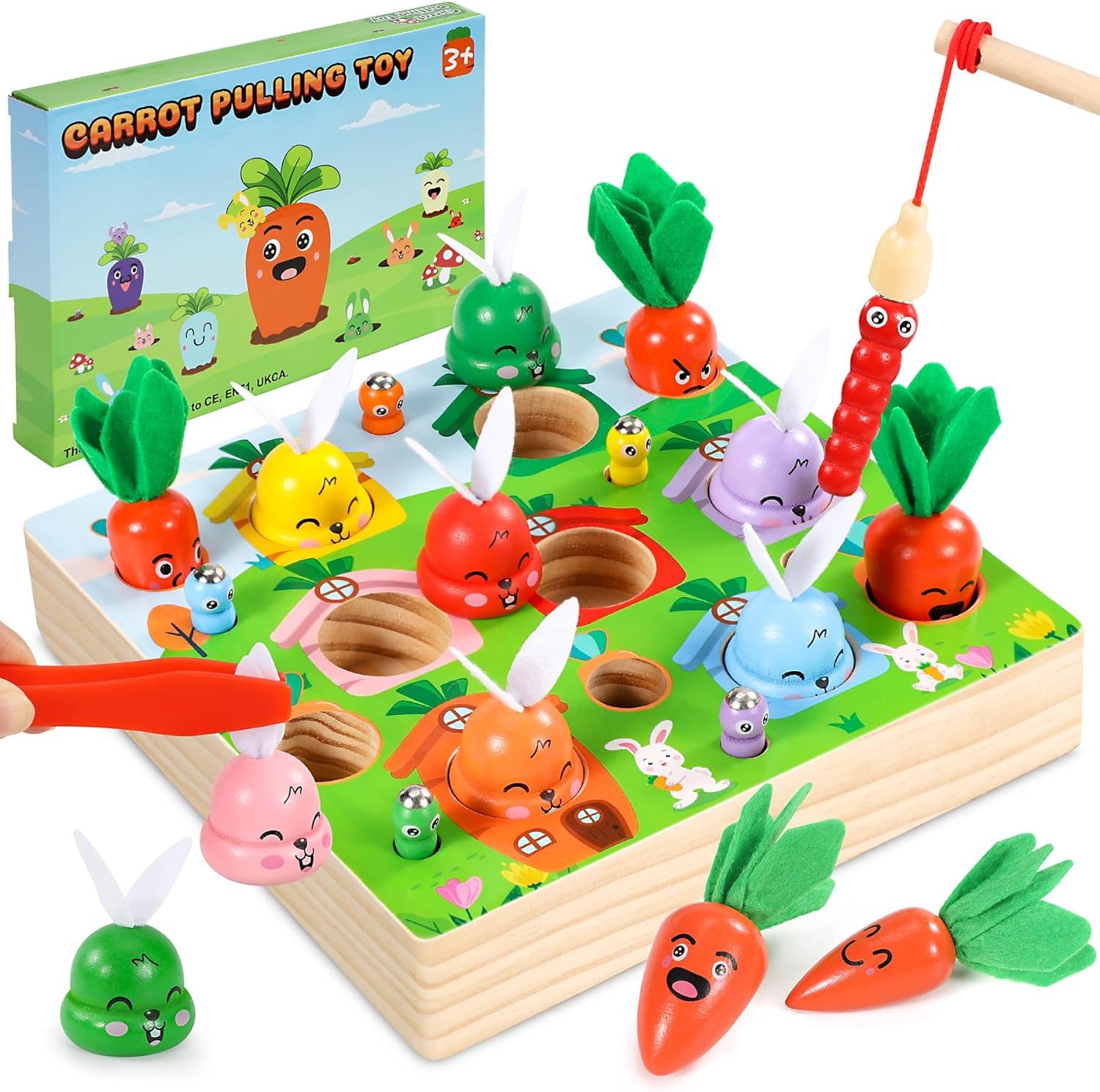 POPOLIC Lernspielzeug 2024 Baby Kinder Montessori Spielzeug ab 1 Jahr (Holzspielzeug Kinderspielzeug Magnetspiel Motorikspielzeug ab 1 2 3 Jahre), Karottenernte Angelspiel Spielzeug
