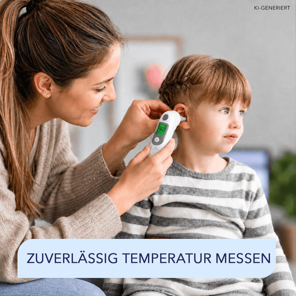 IEA Medical Ohr-Fieberthermometer Infrarot-Ohrmessung für Kinder & Erwachsene, hygienisch mit Schutzkappen, schnelle Messung, Speicherfunktion