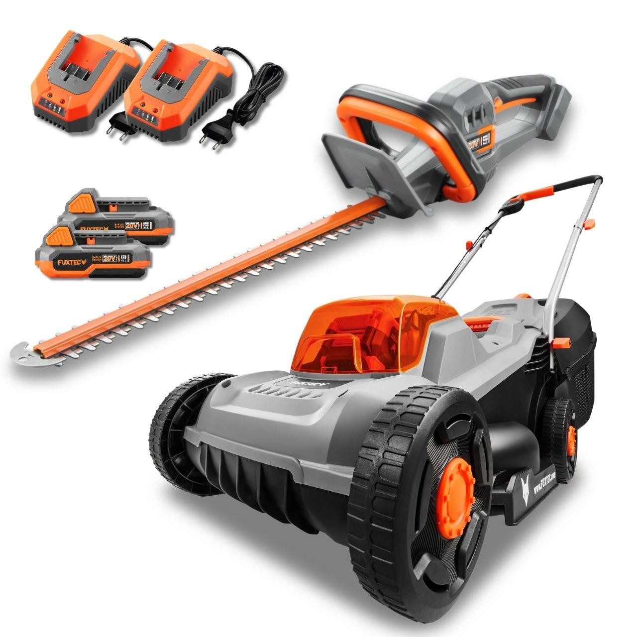 FUXTEC Akkurasenmäher FX-E1RM20ECO/HS20-SL, 30 cm Schnittbreite, 20V Wechselakku, Akku Rasenmäher & Heckenschere SET