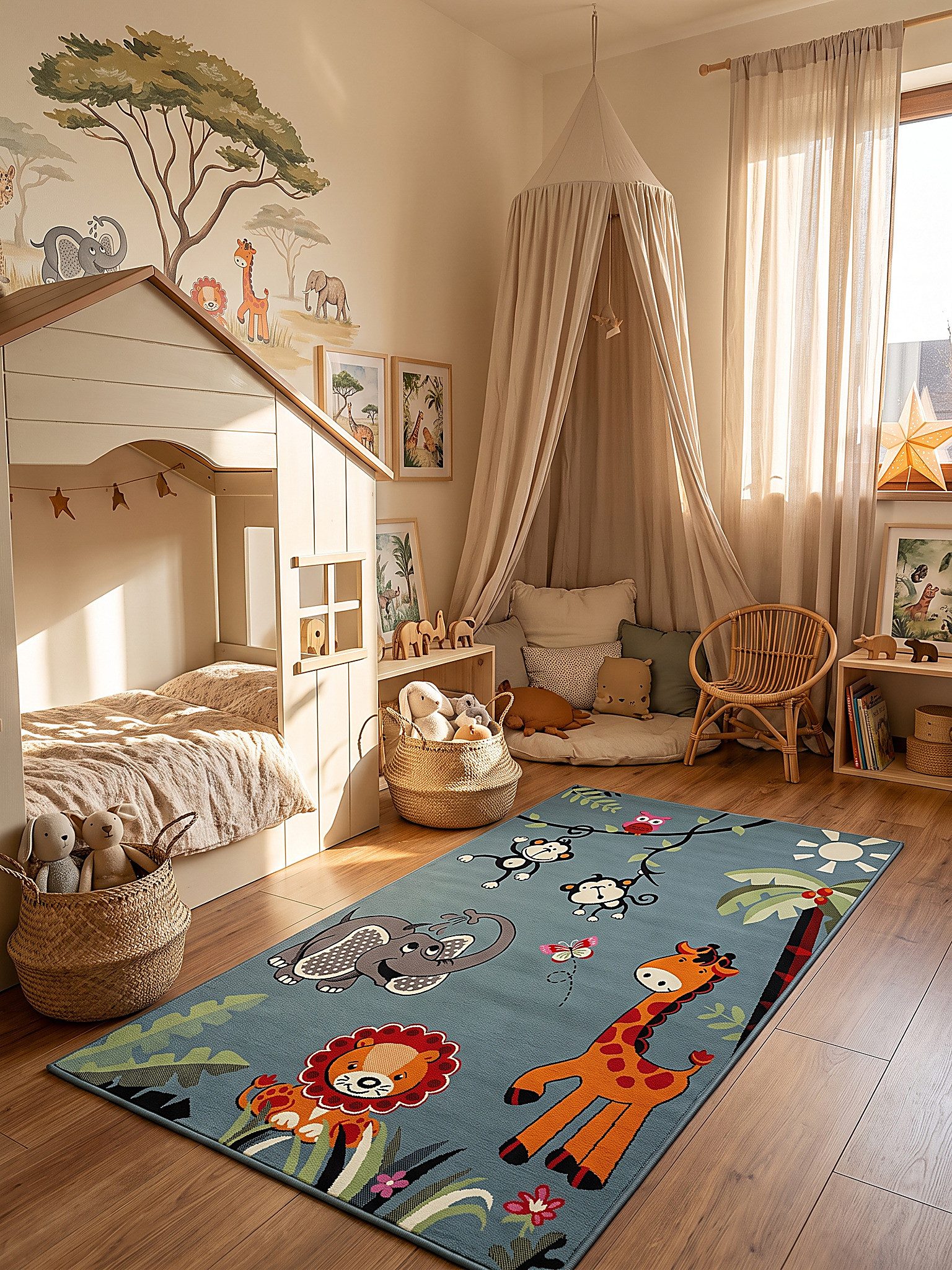 KADIMA DESIGN Kinderteppich CASOLA Teppich Kinder Blau 80x150 Dschungel Polypropylen Kinderzimmer, Läufer, Höhe: 14 mm, Fußbodenheizung geeignet, Strapazierfähig, Jute-Rücken, Kurzflor