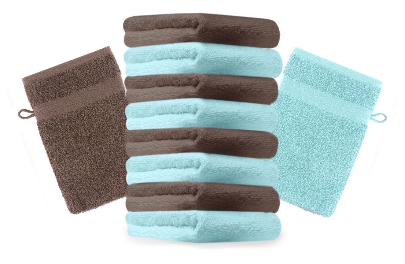 Betz Waschhandschuh 10 Stück Waschhandschuhe Premium 100% Baumwolle Waschlappen Set 16x21 cm Farbe nussbraun und türkis