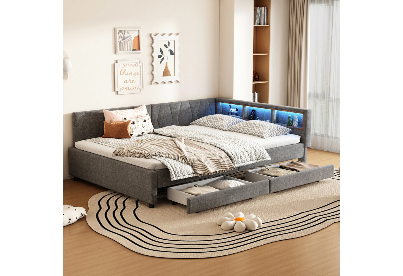Merax Daybett (Schlafsofa Polsterbett, 1 tlg), Tagesbett 140x200cm mit LED, USB-C & Schubladen, Leinen
