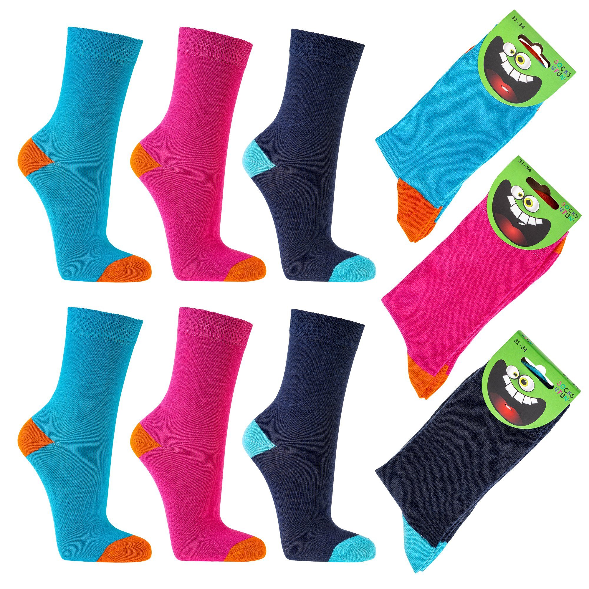 Socks 4 Fun Langsocken 3192 (Packung, 9-Paar, 9 Paar) unifarbene Kinder Socken, Jungen & Mädchen, Kindersocken türkis+marine+pink
