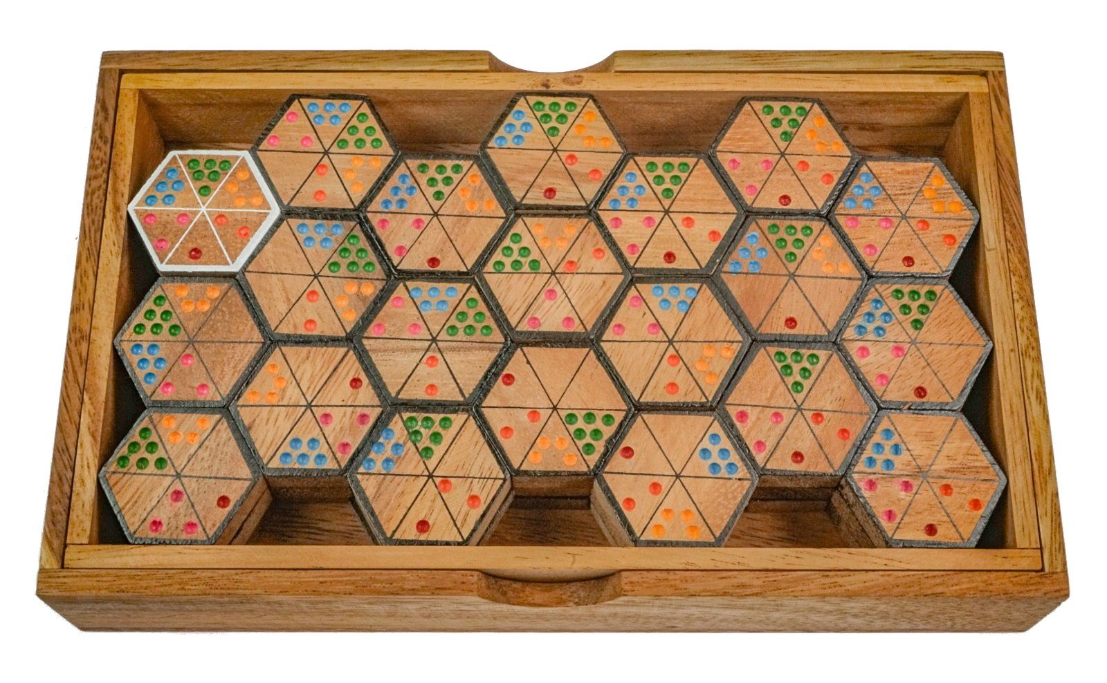 Logoplay Holzspiele Spiel, Hexadomino für 2 bis 6 Spieler - mit 63 Spielsteinen in einem Holzkasten Holzspielzeug