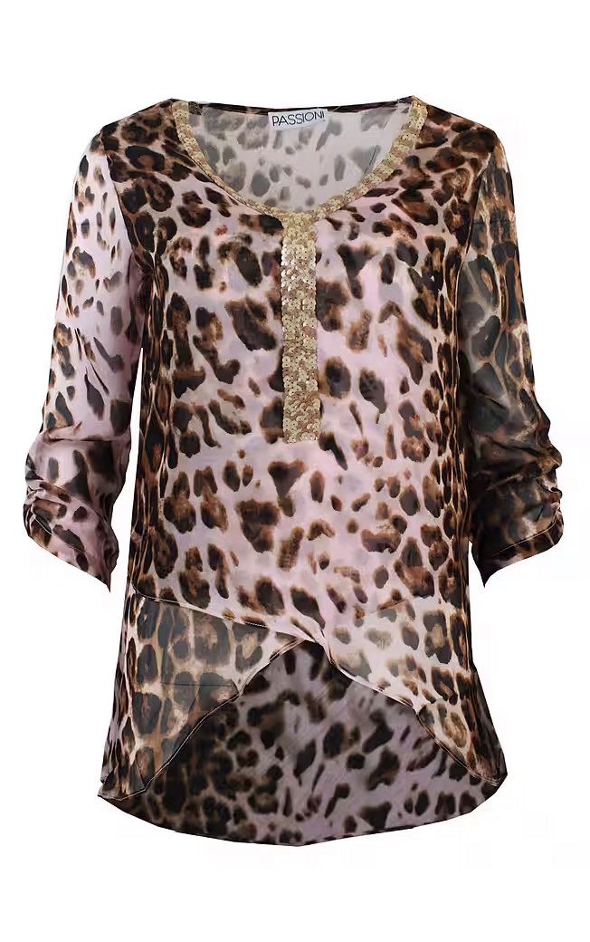 Passioni Tunika Chiffon-Tunika mit Leopardenmuster und Pailletten in beige-rosa – Bild 4 von 5