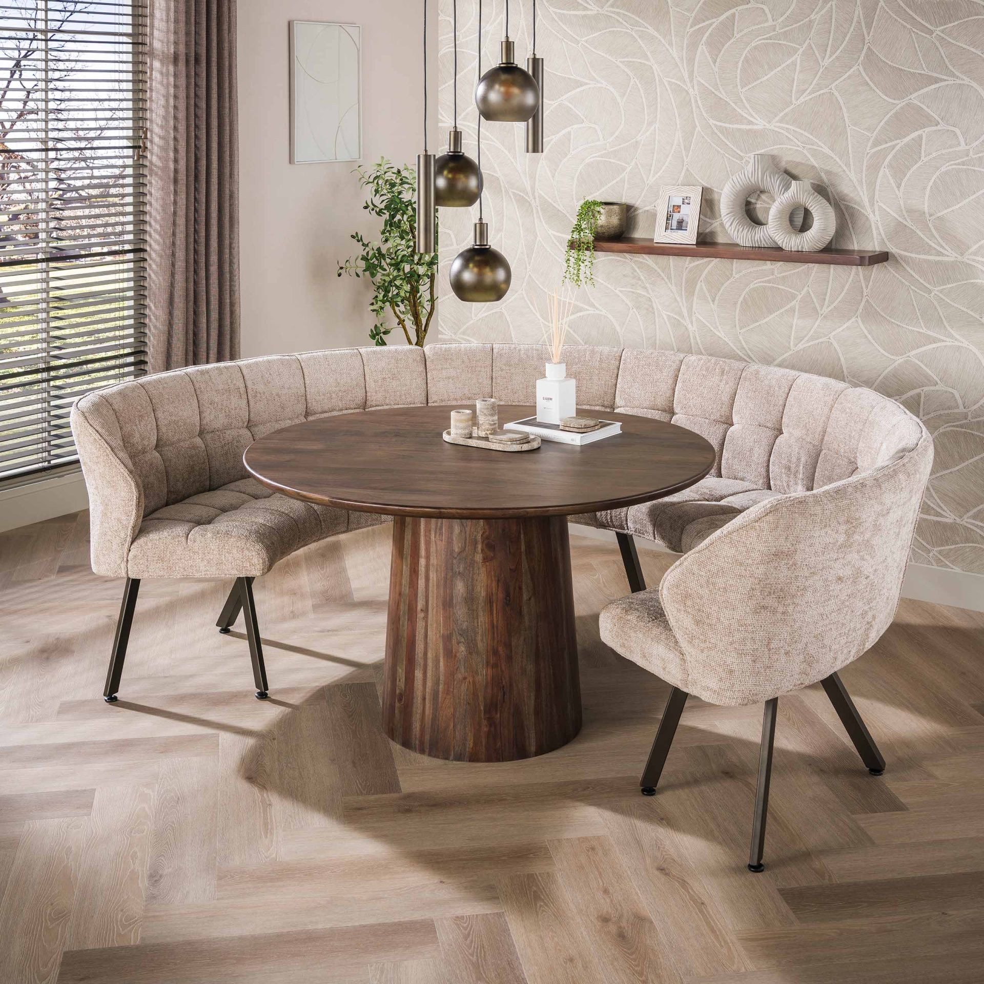 Vintagehaus Sitzbank Esstischbank Polsterbank Raster Rund Strukturstoff Sand braune Beine