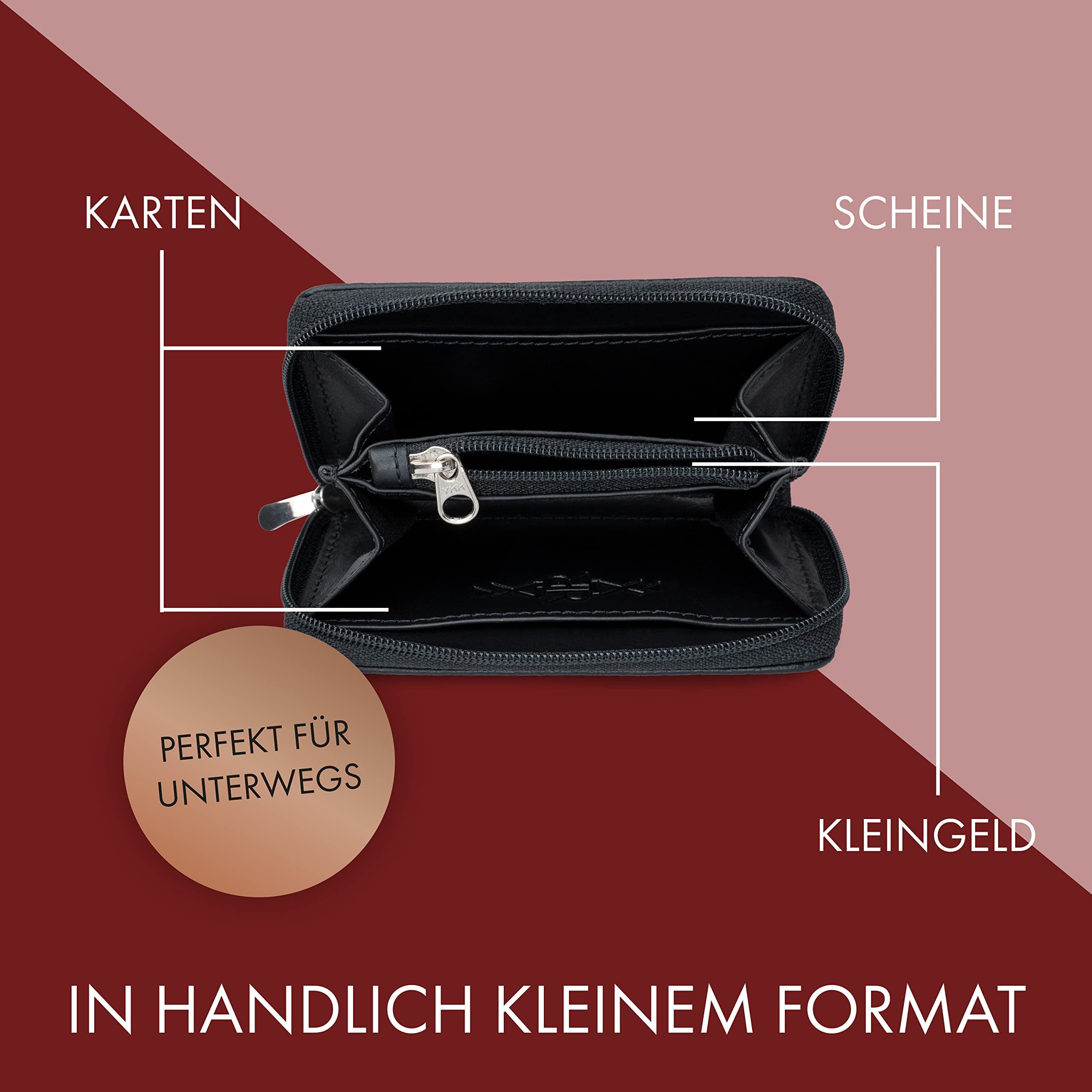 XiRRiX Mini Geldbörse - kleines Portemonnaie für Damen und Herren - mit Reißverschluss (mit Münzfach, 1-tlg), klein und handlich aus anschmiegsamem echtem Leder