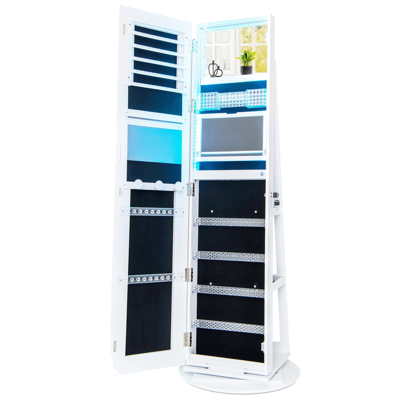 COSTWAY Schmuckschrank mit Spiegel, verstellbaren LED, drehbar, abschließbar