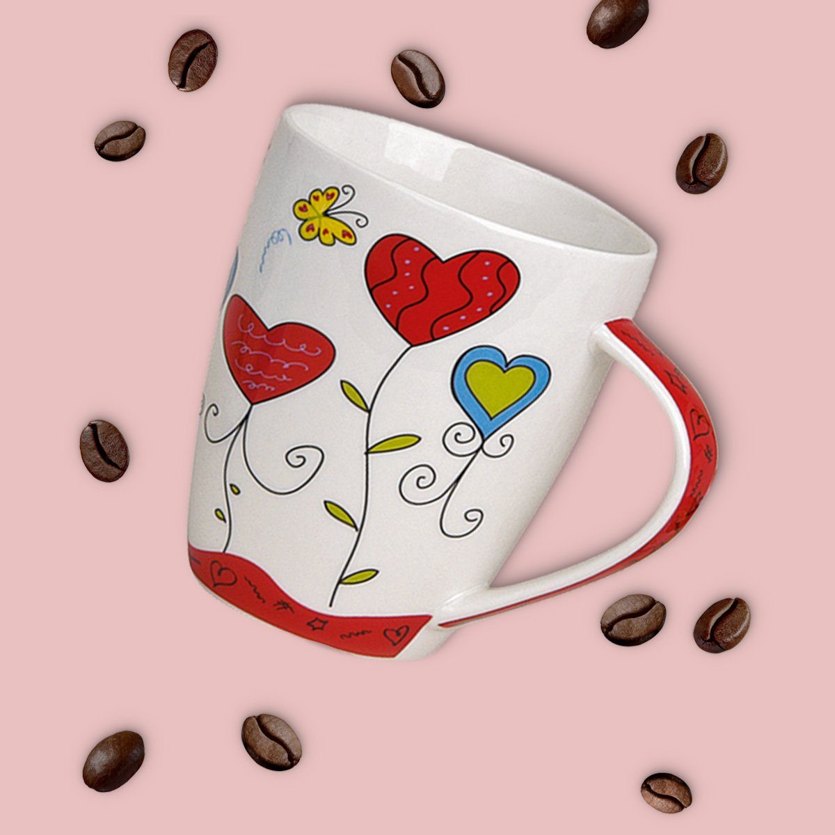 matches21 HOME & HOBBY Tasse Kaffeetassen 6er Set Blumen Herzen Frühling Sommer, 6-tlg., Porzellan, Tee Kaffee-Becher, modern, blau grün rot bunt, 300 ml – Bild 4 von 5