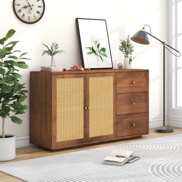 BlingBin Kommode Sideboard (1 St), mit 3 Schubladen und 2 Türen, Metallgriffe, Anrichteschrank Rattan, 130x 40x 76cm