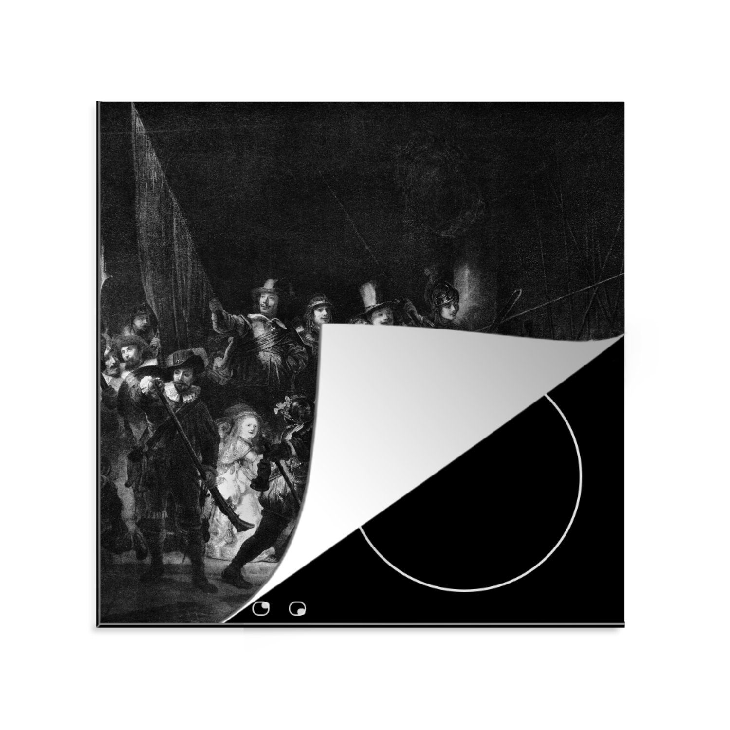 MuchoWow Herdblende-/Abdeckplatte Die Nachtwache in Schwarz und Weiß - Gemälde von Rembrandt van Rijn, Vinyl, (1 tlg), 78x78 cm, Ceranfeldabdeckung, Arbeitsplatte für küche