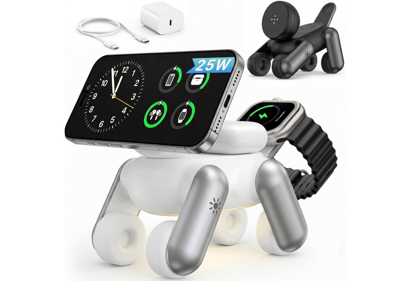 GreenHec 25W Ladestation 3 in 1 MagSafe Ladegerät iPhone 18/17 Pro Max Wireless Charger (0,02 mA, Spar-Set, PowerBase + Ladegerät + Ladekabel, Apple Watch, AirPods, wireless charger, magnetisch, Qi 2.2)