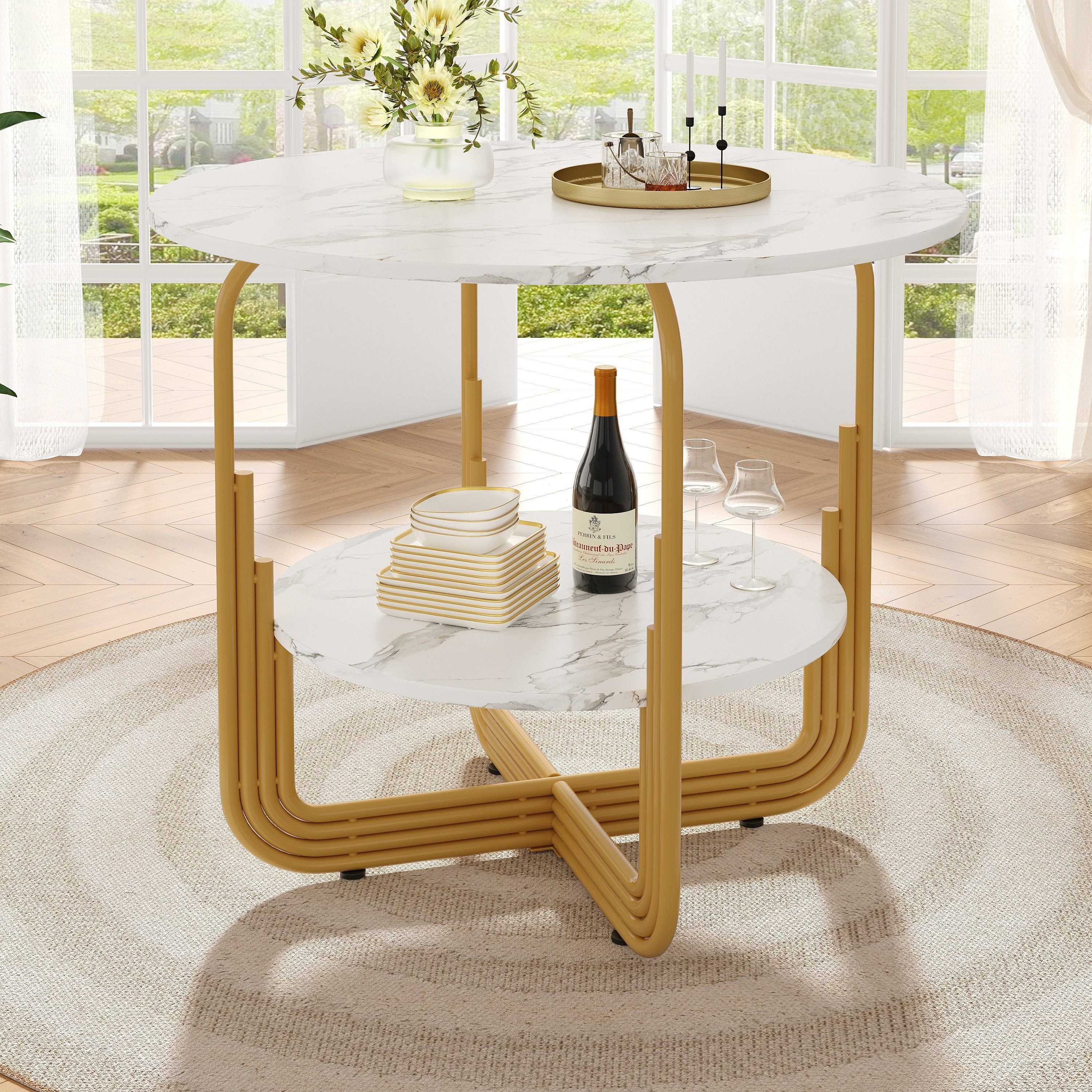 IDEASY Esstisch Runder Esstisch Küchentisch Couchtisch mit Mittelablage, 80x80x76 cm (1 Tisch), MDF-Marmor-Tischplatte, geeignet für 4 Personen
