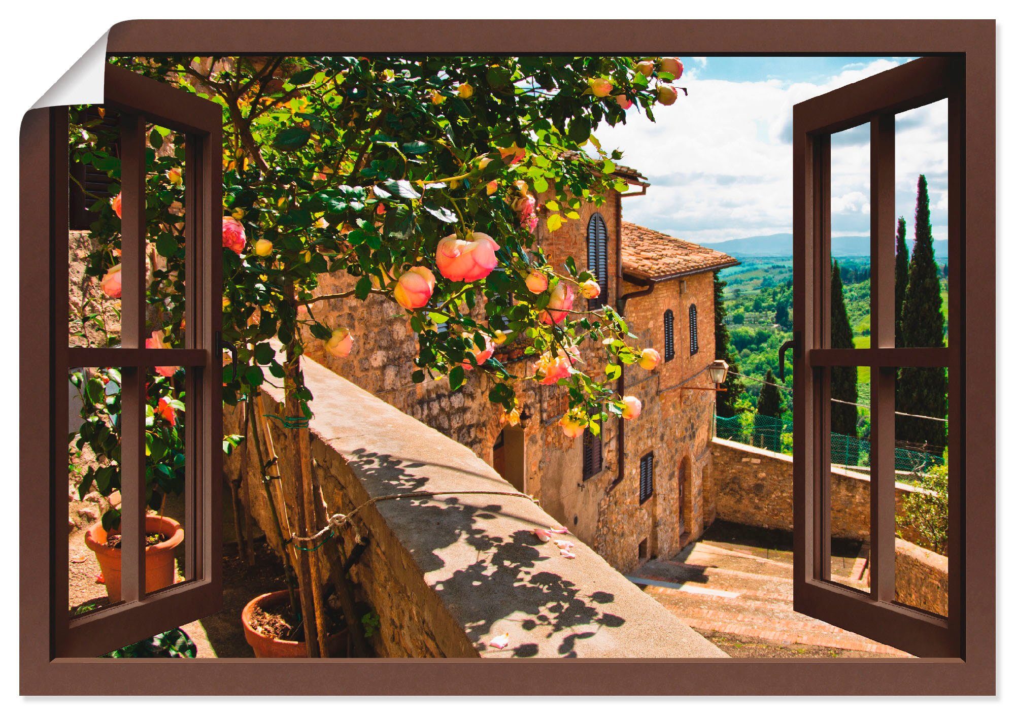 Artland Wandbild Rosen Fensterblick versch. St), als Wandaufkleber (1 Alubild, in auf Leinwandbild, Poster Garten Größen Balkon oder Toskana