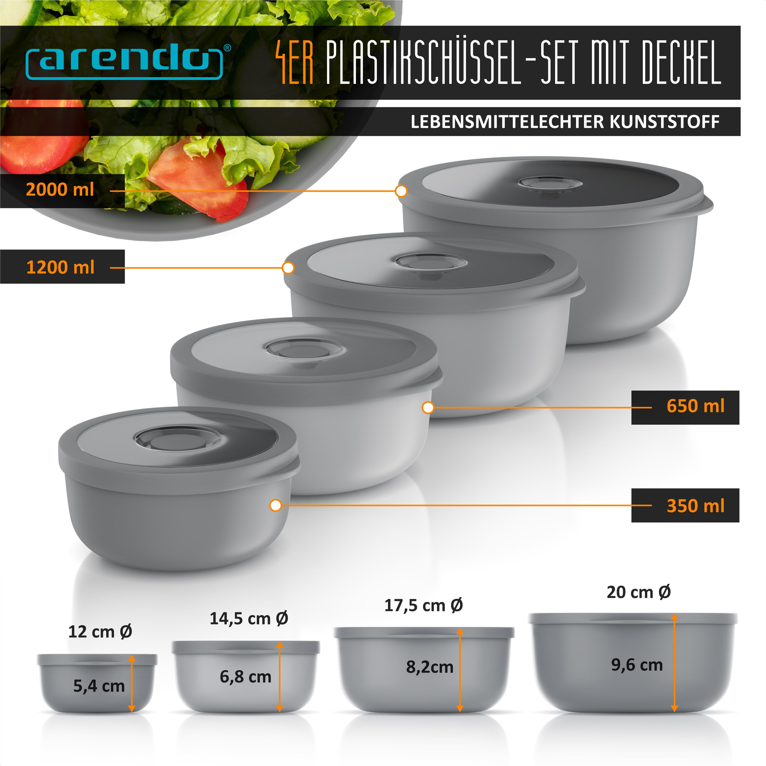 Arendo Rührschüssel 4er Plastikschüssel-Set mit Deckel 0,35 L / 0,65 L / 1,2 L / 2,0 L, Kunststoff, (Set, 4-tlg), rund, BPA-frei, Spülmaschinen und Mikrowellen  – Bild 2 von 5