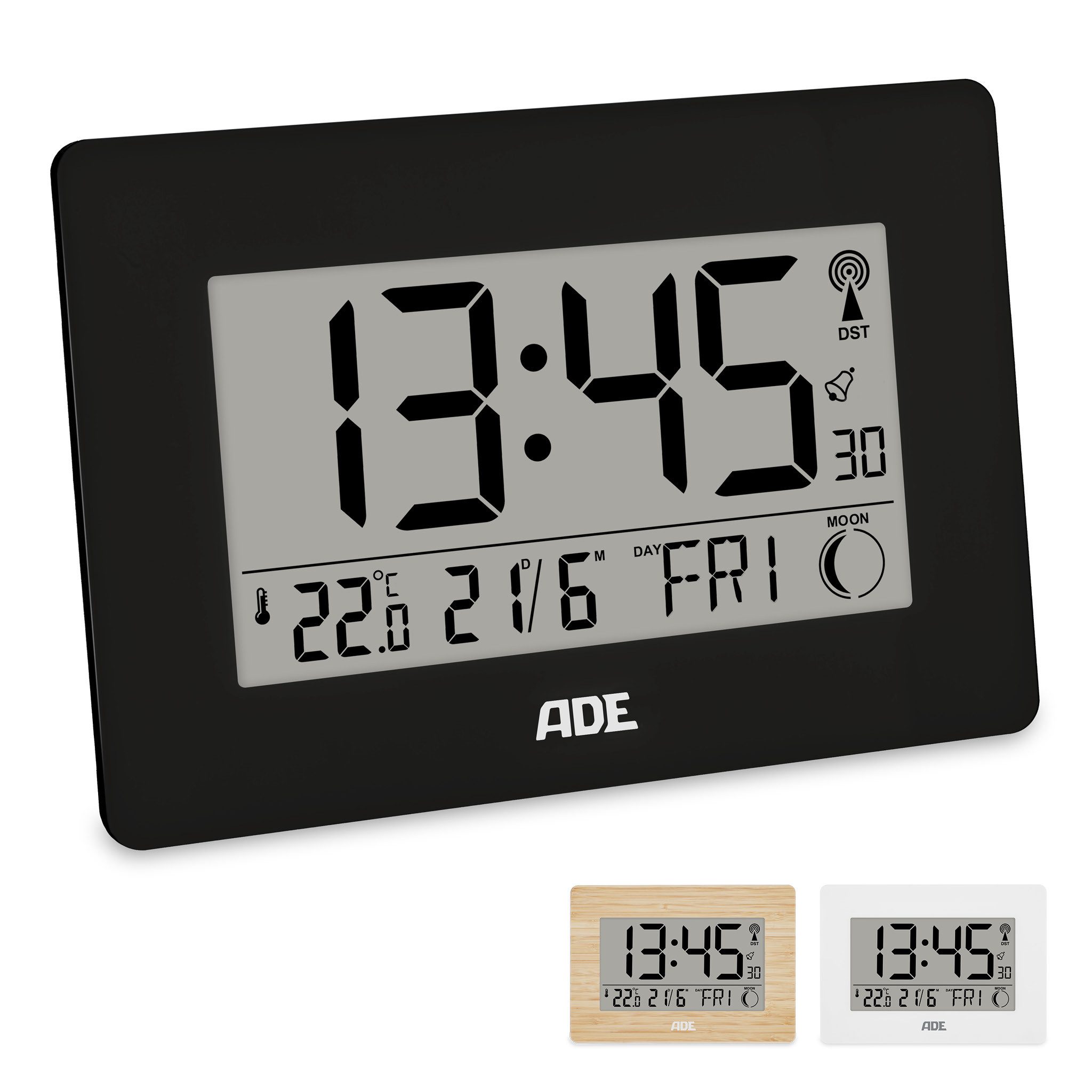 ADE Funktischuhr Digital,Tischuhr & Wanduhr mit XXL-Display, Thermometer Funkuhr mit Datum, Wochentag & Mondphasen, inkl. 2 AA Batterien