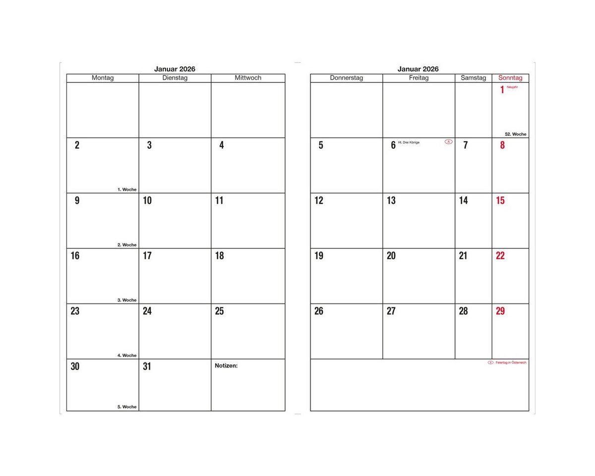 Thumbnail - GÜSS Kalender Buchkalender Monatsübersicht 15x21cm 1 Monat/2 Seiten Softcover schwarz 2026.