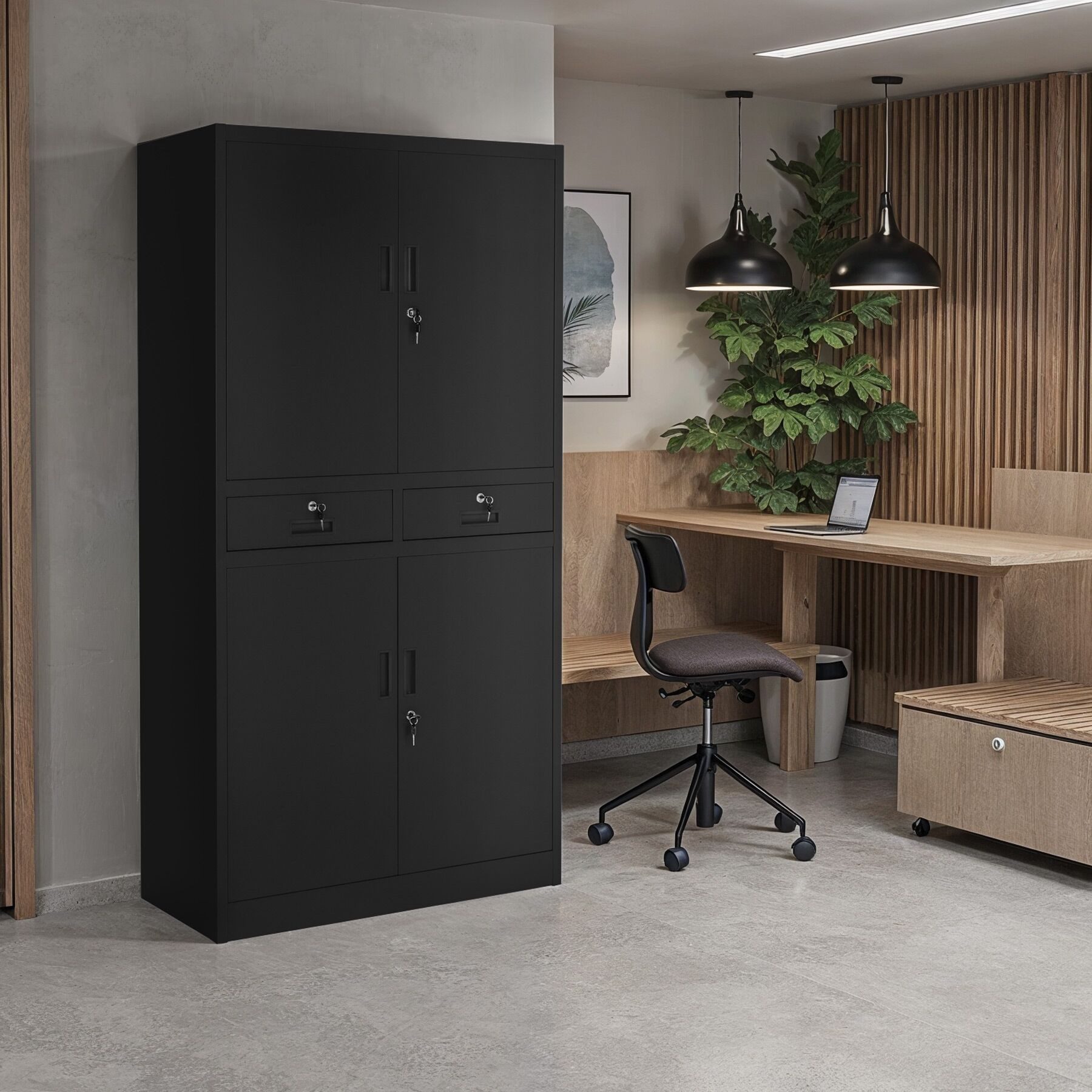 tectake Aktenschrank Solider Büroschrank mit Schubladen und Fächern (Stahlschrank Cosmo, 1-St., in schwarz/schwarz) Verschließbar mit 4 Sicherheitszylinderschlössern