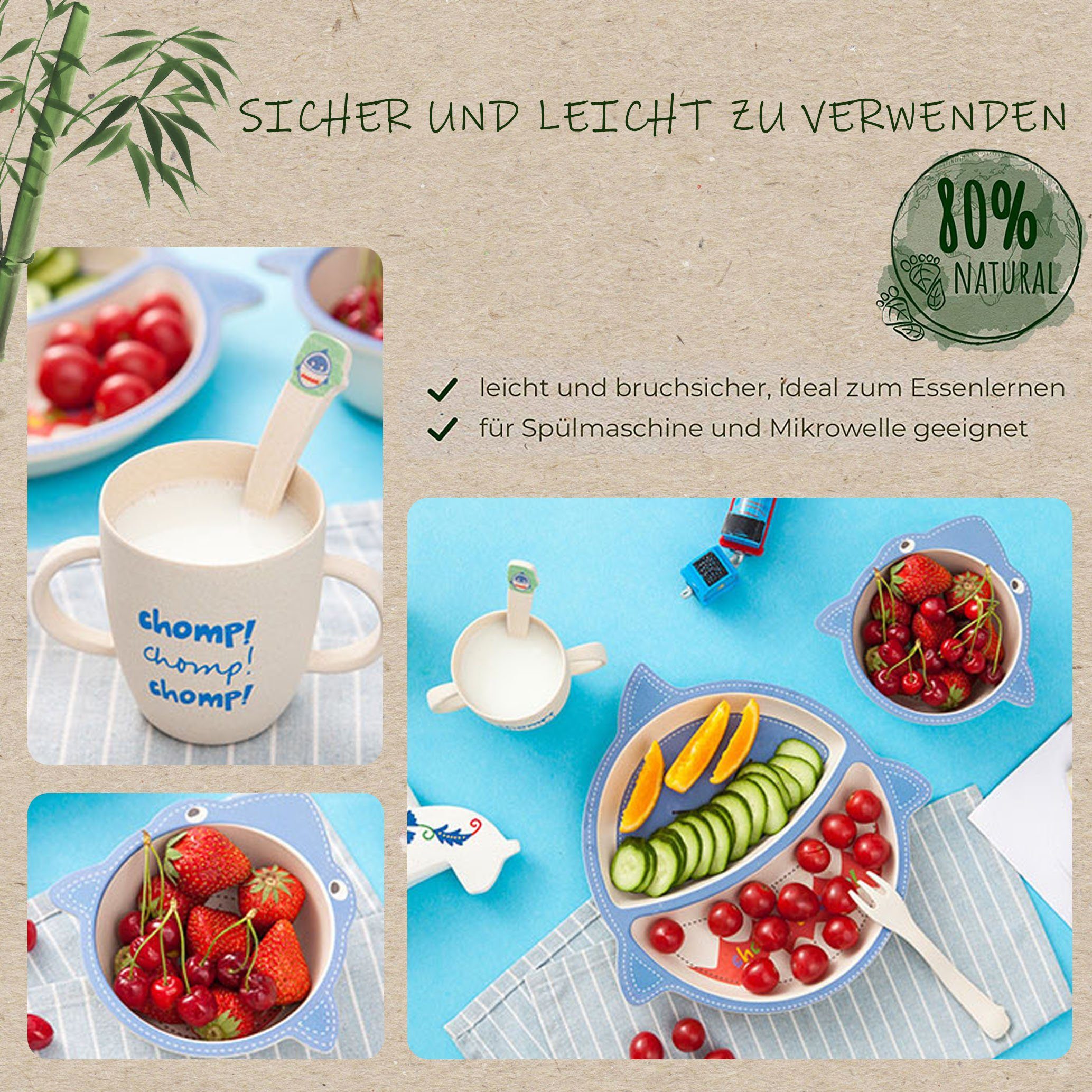GOLDEN Kindergeschirr-Set Kindergeschirr-Set 5 Teile aus Bambusfaser und Maisstärke, Teller