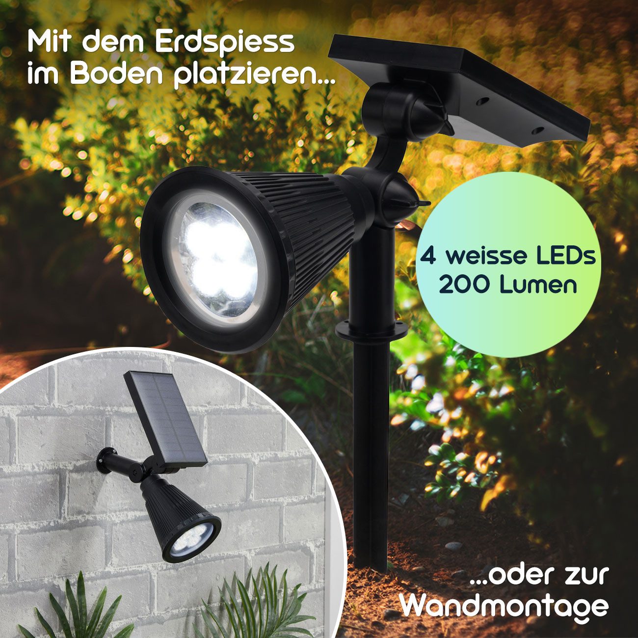 Casativo LED Gartenstrahler Solar-Gartenleuchte Erdspieß & Dämmerungssensor 200lm-Gartenstrahler, 4 weisse LEDs, Leuchtdauer ca. 8 Std. Spot 80° & Solarpanel 18 – Bild 4 von 5