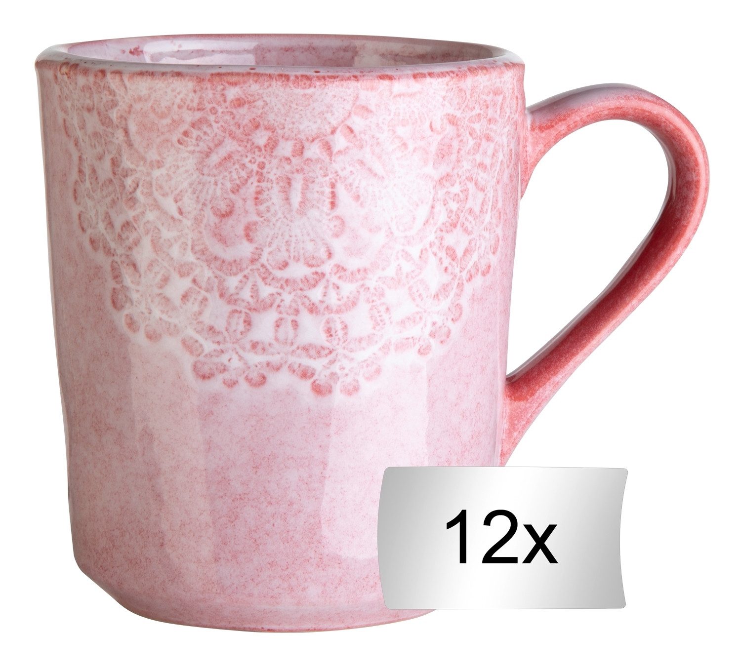 Tasse 12er Set, 355 ml, Rosa, mit floraler Prägung