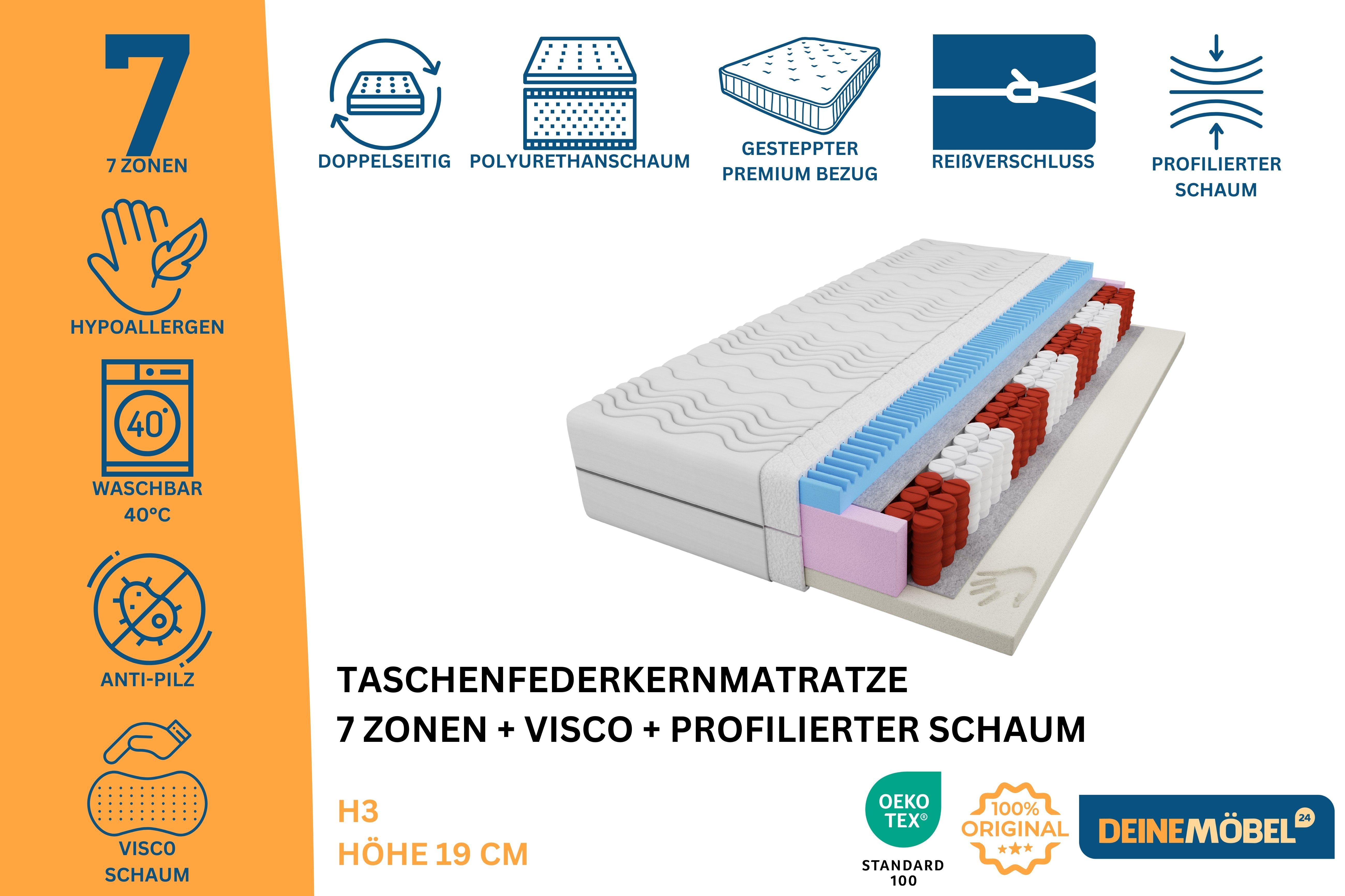Taschenfederkernmatratze Taschenfederkern-Matratze + Visco + Profilierter Schaum7 Zonen 20 cm, Deine Möbel 24, 20 cm hoch, (H3 mittelfest TOP Qualität Wendematratze mit VISCO-Memory-Schaum), 80x200 90x200 100x200 120x200 140x200 160x200 180x200 200x200