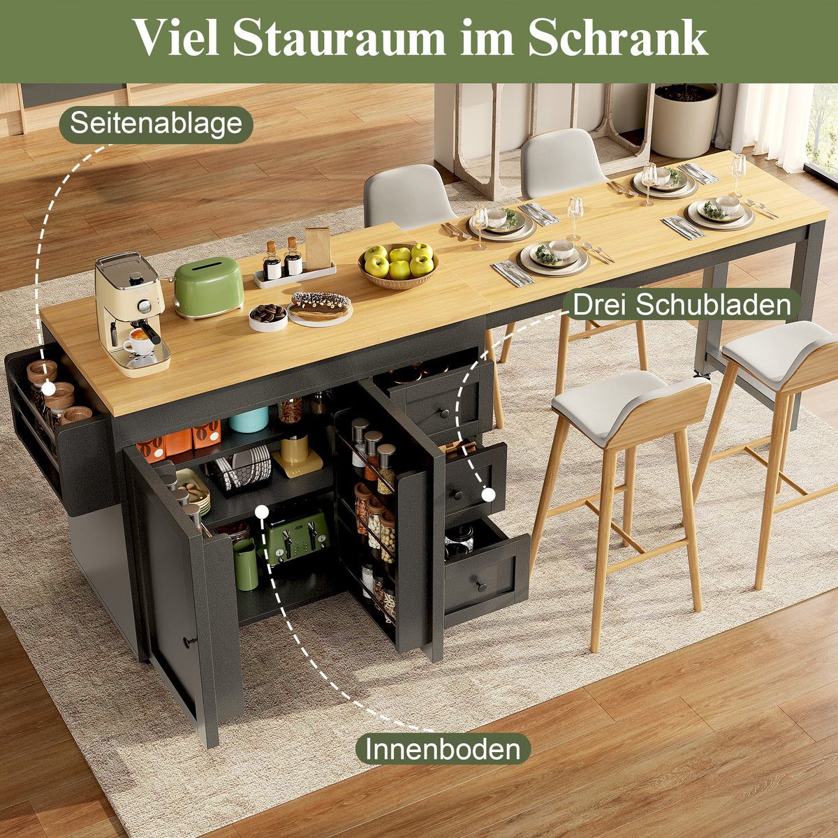 Odikalo Kücheninsel Küchenwagen Servierwagen mit Ausziehbarer Esstisch, (mit Stauraum 116–179,5cm, ausziehbares Brett bis max. 69,5cm, mit 3 Schubladen, Seiten-Snackregalen & Rollen)