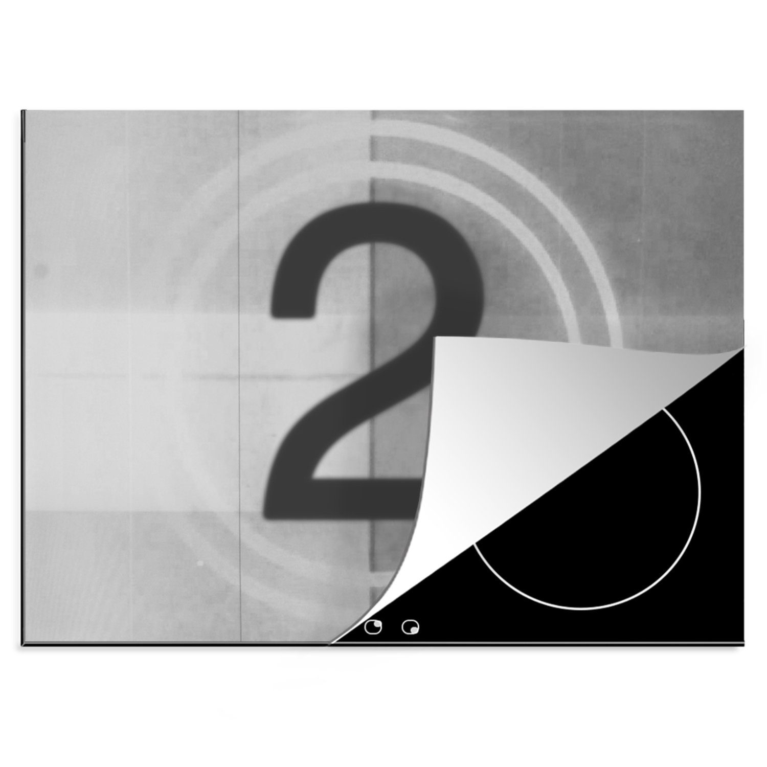 MuchoWow Herdblende-/Abdeckplatte Filmleinwand mit der Nummer 2 - schwarz-weiß, Vinyl, (1 tlg), 70x52 cm, Mobile Arbeitsfläche nutzbar, Ceranfeldabdeckung