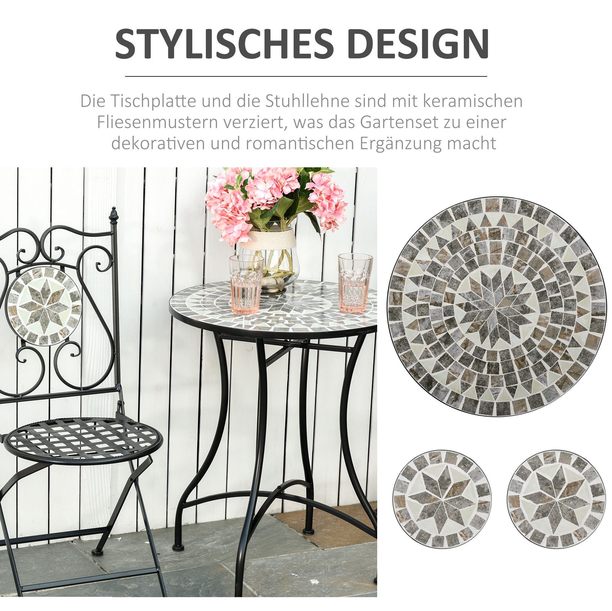 OKWISH Sitzgruppe 2‑tlg. Garten-Sitzgruppe mit Mosaiktisch & klappbaren Metallstühlen, (Set, 3-tlg., Ø60x71 cm platzsparend klappbar für Alltag & gesellige Runden), Keramikfliesen, mehrfarbig, für Terrasse, kleinen Garten & Loggia