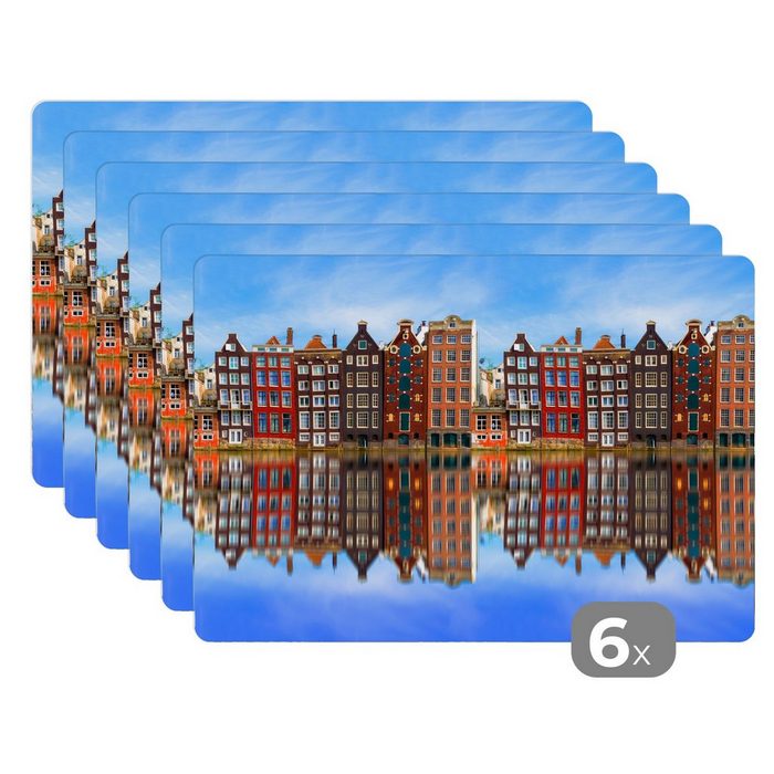 Platzset Spiegelung der Amsterdamer Grachtenhäuser MuchoWow (6-St) Platzset Platzdecken Platzmatte Tischmatten Schmutzabweisend