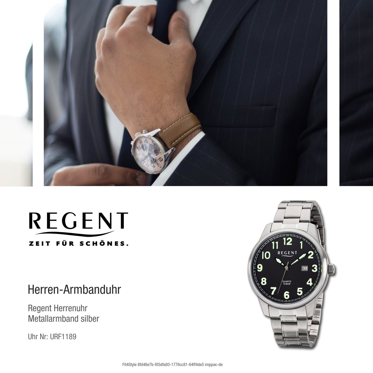 Gehäuse, 41mm) Regent Metall Uhr Regent Herren Metallarmband F-1189 Herrenuhr Quarzuhr (ca. silber, groß rundes Analog,