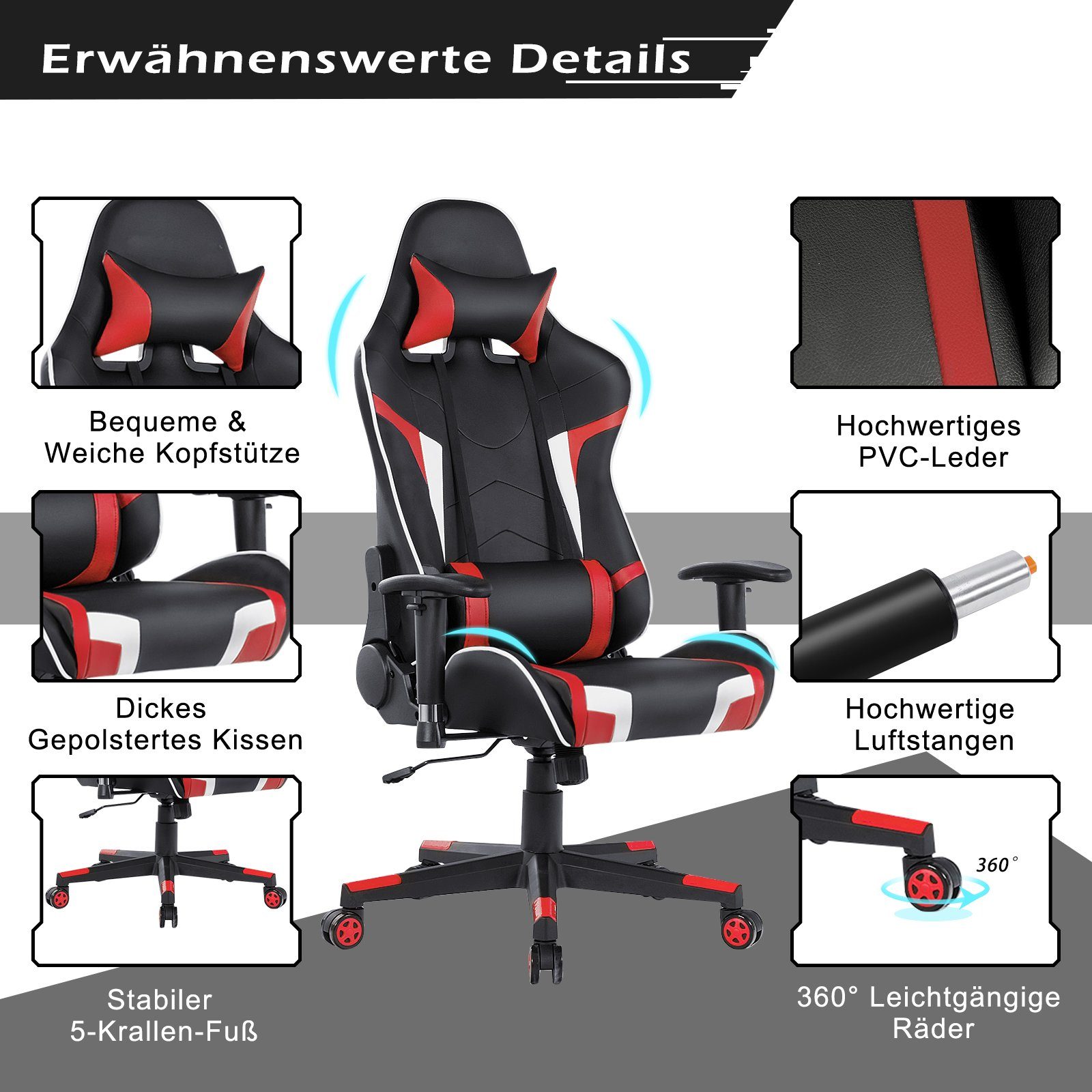 COSTWAY Gaming-Stuhl, mit Lendenkissen, verstellbaren Kopfstütze schwarz, weiß & rot, Armlehnen