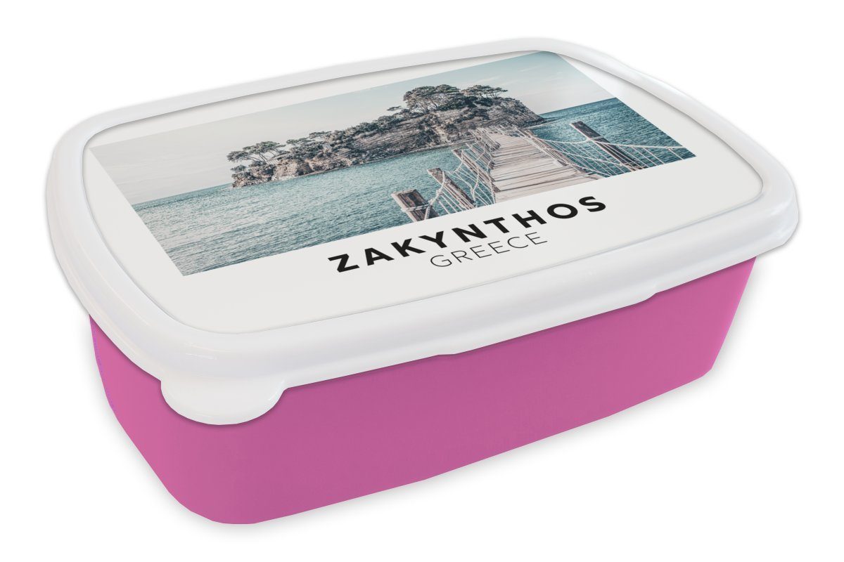MuchoWow Lunchbox Zakynthos - Griechenland rosa Kinder, Snackbox, (2-tlg), - Meer, Kunststoff Brotdose für Brotbox Erwachsene, Mädchen, Kunststoff