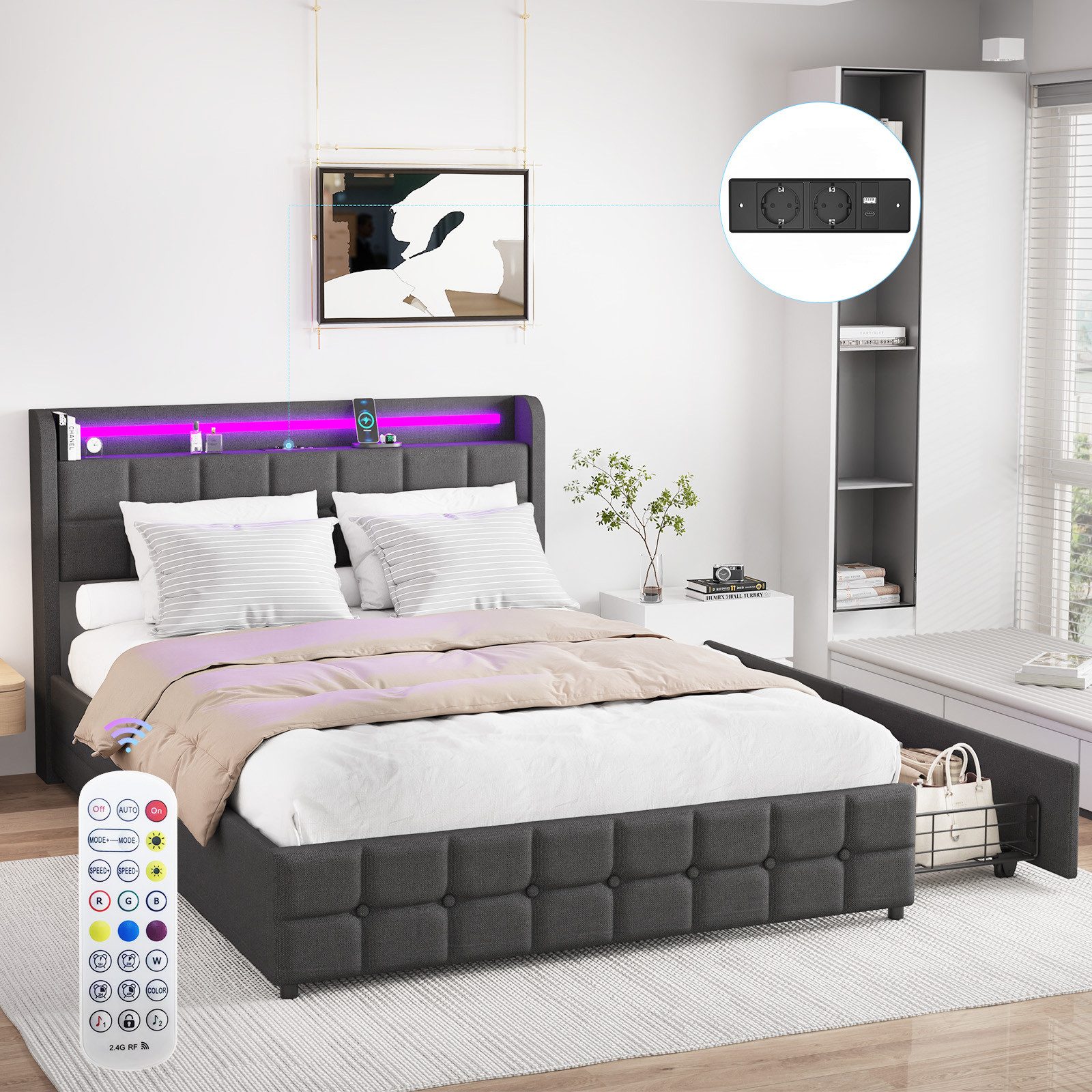 oyajia Polsterbett LED Doppelbett 140x200cm mit Ladefunktion und 2 Schubladen Polsterbett, Einzelbett Bettgestell mit Kopfteil und Lattenrost, Leinen Polsterbet – Bild 5 von 5
