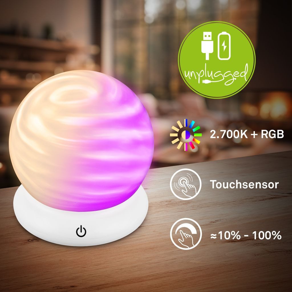 Briloner Leuchten Tischleuchte Tischlampe kabellos Akku USB-C RGB Lichteffekt, LED wechselbar, 2700K - Extra-Warmweiß, RGB - Farbwechsler, 15x16,5 cm, Akku tauschbar, Wohnzimmer, Flur, Schlafzimmer