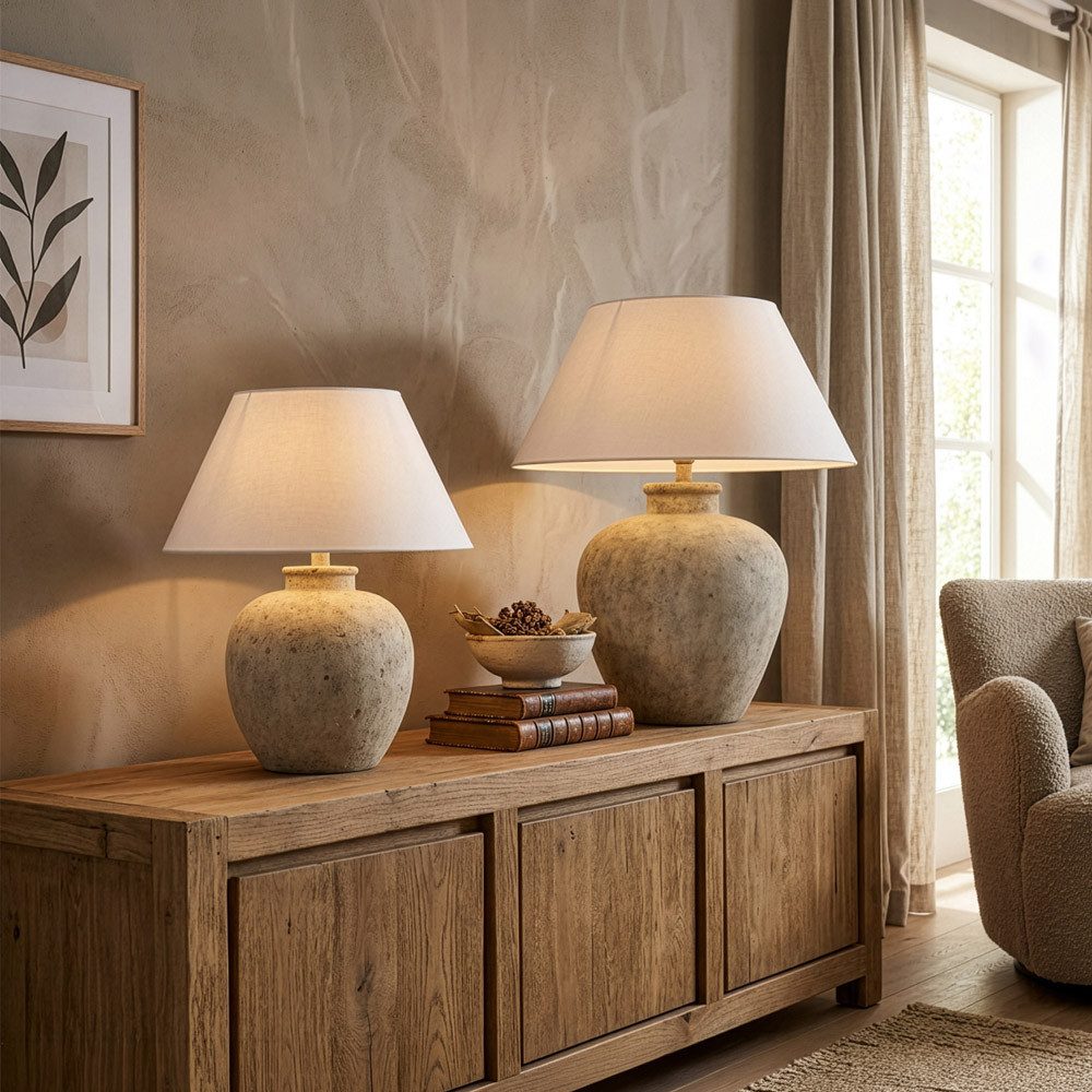 HOME DELUXE Tischleuchte LENE in Steinoptik - Größenauswahl Ø 42/50, ohne Leuchtmittel, Schirm beige Kegelform, Tischlampe, Schreibtischlampe