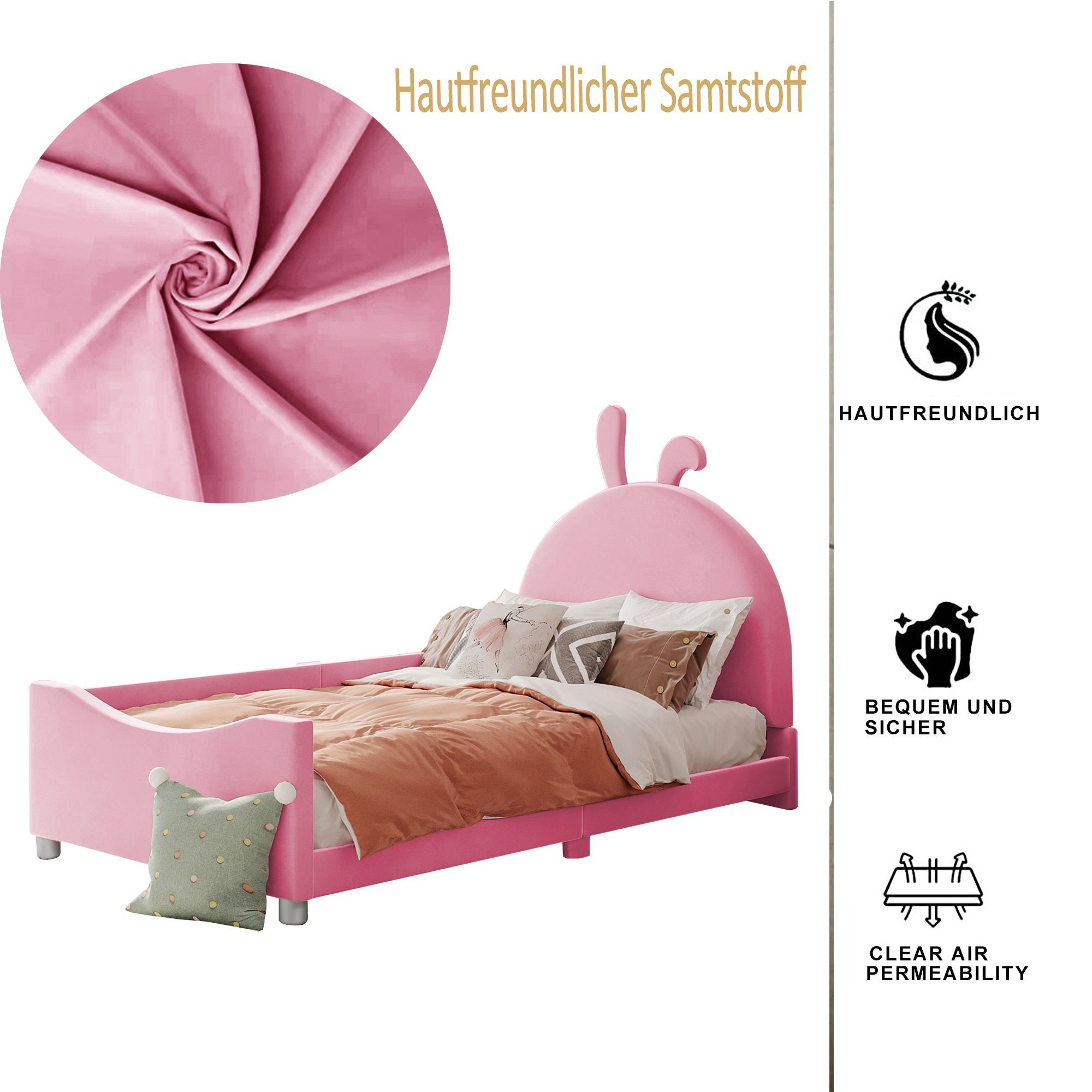 REDOM Matratze Armlehne ohne Einzelbett, (90*200cm, Bett Bettgestell rosa Flanell Eltern-Kind-Bett), Kinderbett mit Gästebett Rückenlehne Polsterbett