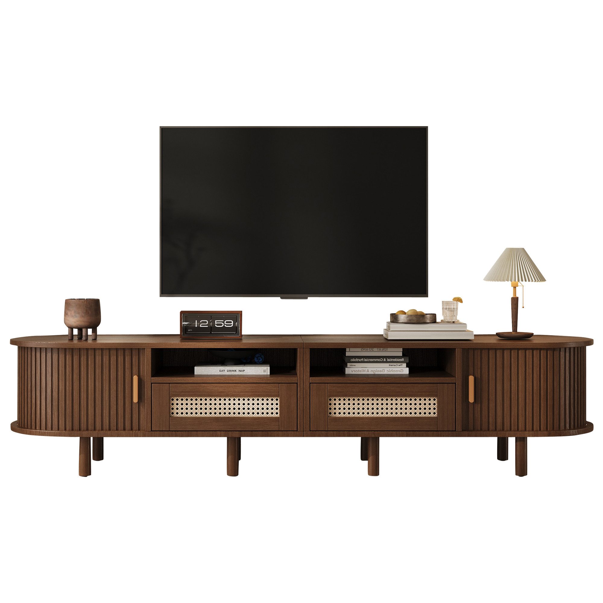 Merax Lowboard Retro-Modernes TV-Board in Walnuss/Natur (1 St., Fernsehtisch Ovales Lowboard), TV-Schrank mit 2 Rattan-Schubladen, 2 Schiebetüren & 8 stabilen Beinen