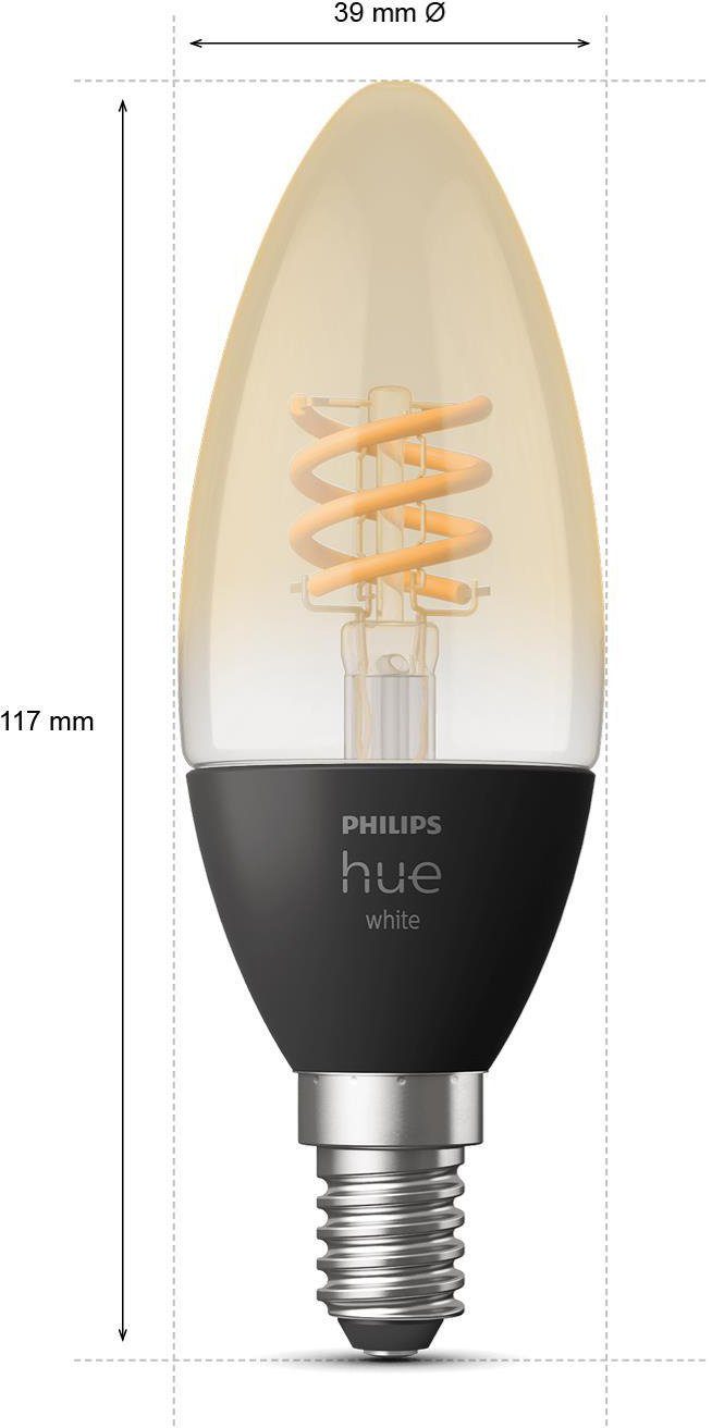 1 300lm, E14, Philips Einzelpack Warmweiß Filament E14 Kerze LED-Filament St., Hue White