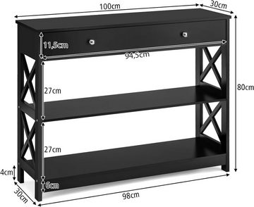 KOMFOTTEU Konsolentisch Flurtisch, mit Schublade & 2 Ablagen, 100 × 30 × 80 cm