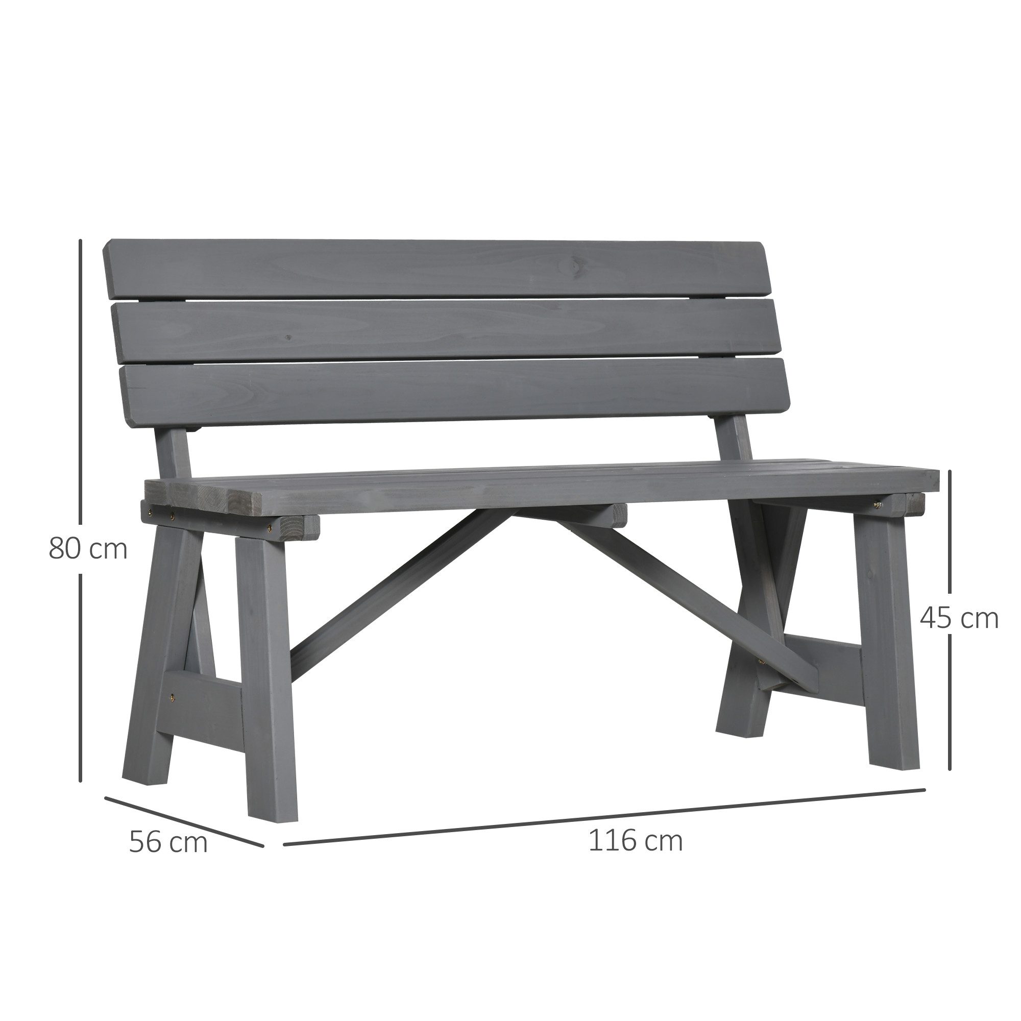 Outsunny Bank Gartenmöbel mit Rückenlehnen, Parkbank 220kg belastbar (wetterfest Sitzbank aus Holz, 1-St., 2-Sitzer Gartenbank), für Balkon Terrasse, Garten, 116 x 56 x 80 cm, Grau